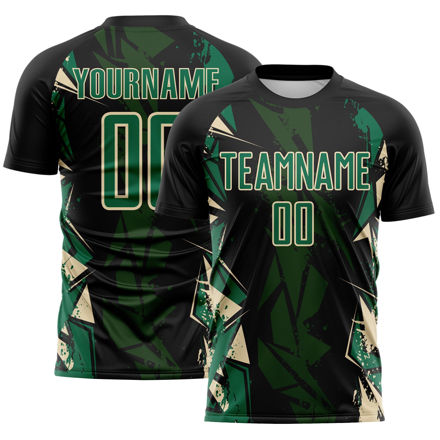 Custom Black Kelly Green-Cream Geometric Shard Grunge Splash Sublimation Soccer Uniform Jersey