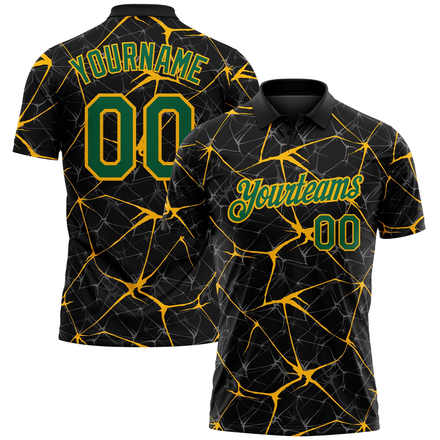 Custom Black Kelly Green-Gold 3D Pattern Abstract Network Crackle Performance Polo Shirt