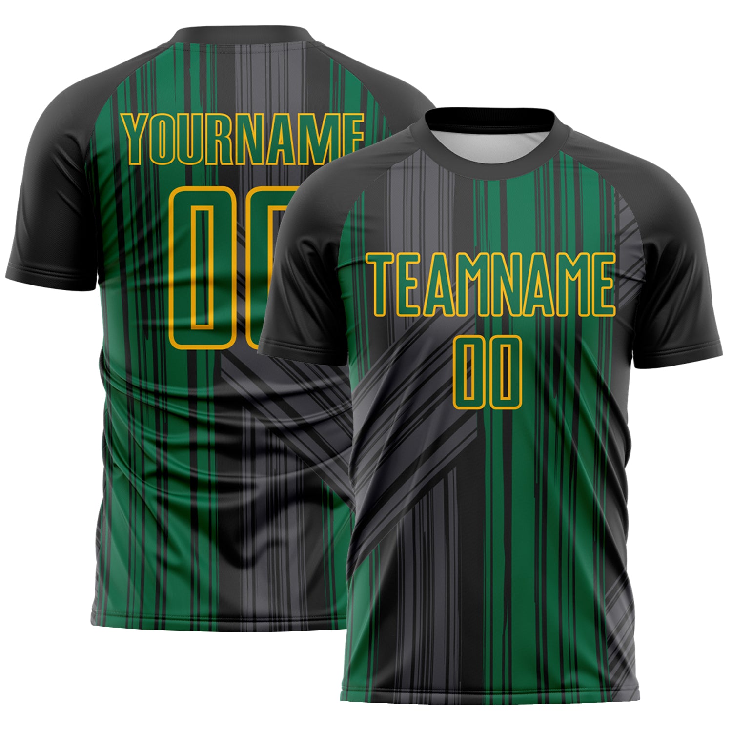 Custom Black Kelly Green-Gold Brush Stroke Fluid Stripes Sublimation Soccer Uniform Jersey