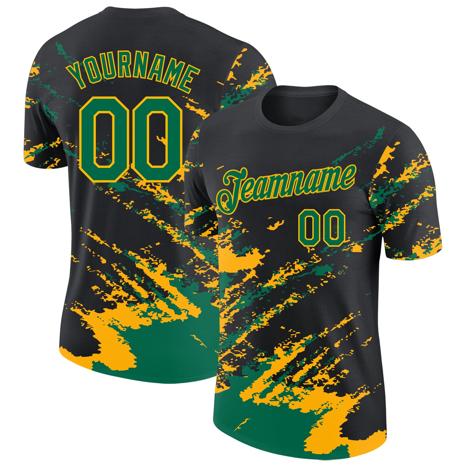 Custom Black Kelly Green-Gold Brush Stroke Shatter Splatter Performance T-Shirt