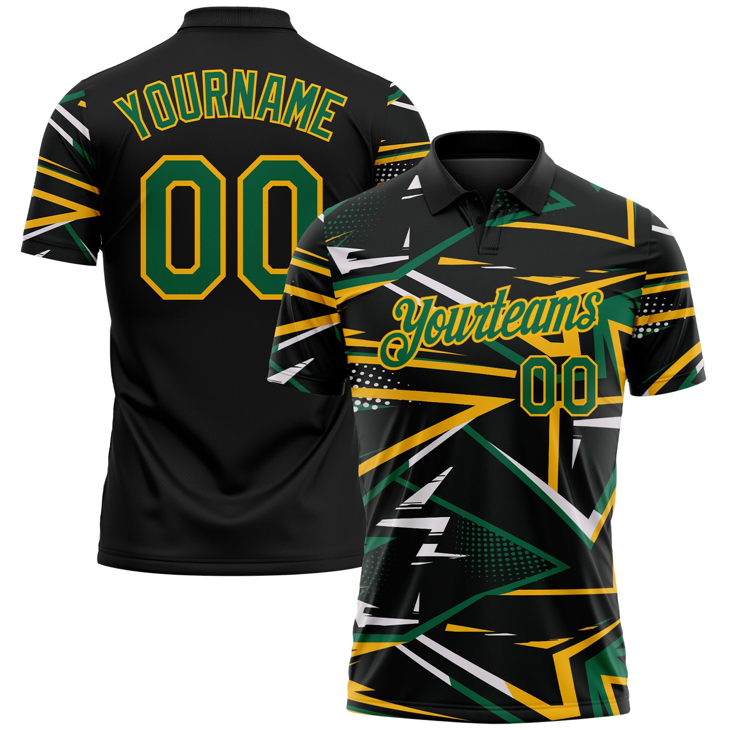 Custom Black Kelly Green-Gold Dynamic Geometric Shard Performance Polo Shirt