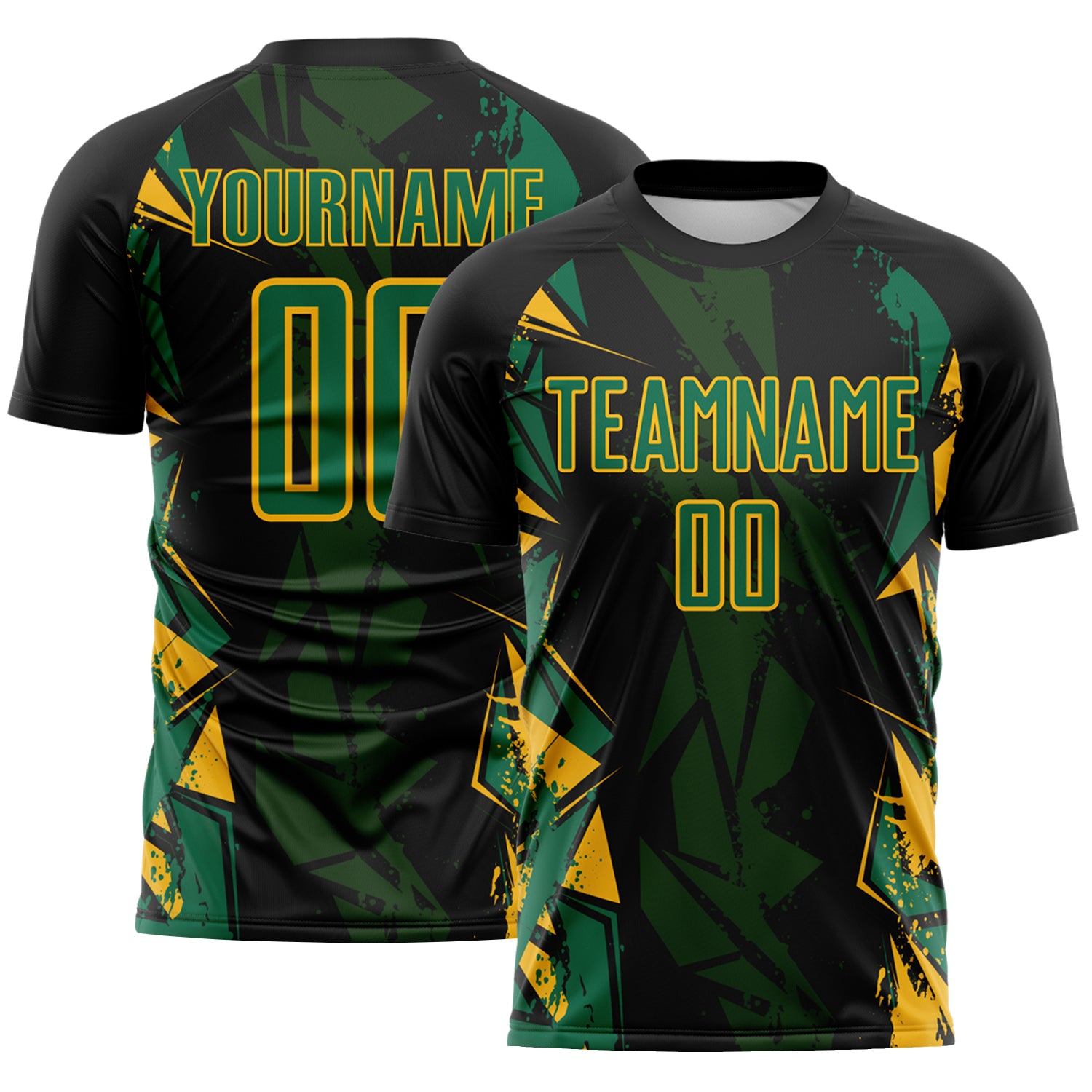 Custom Black Kelly Green-Gold Geometric Shard Grunge Splash Sublimation Soccer Uniform Jersey