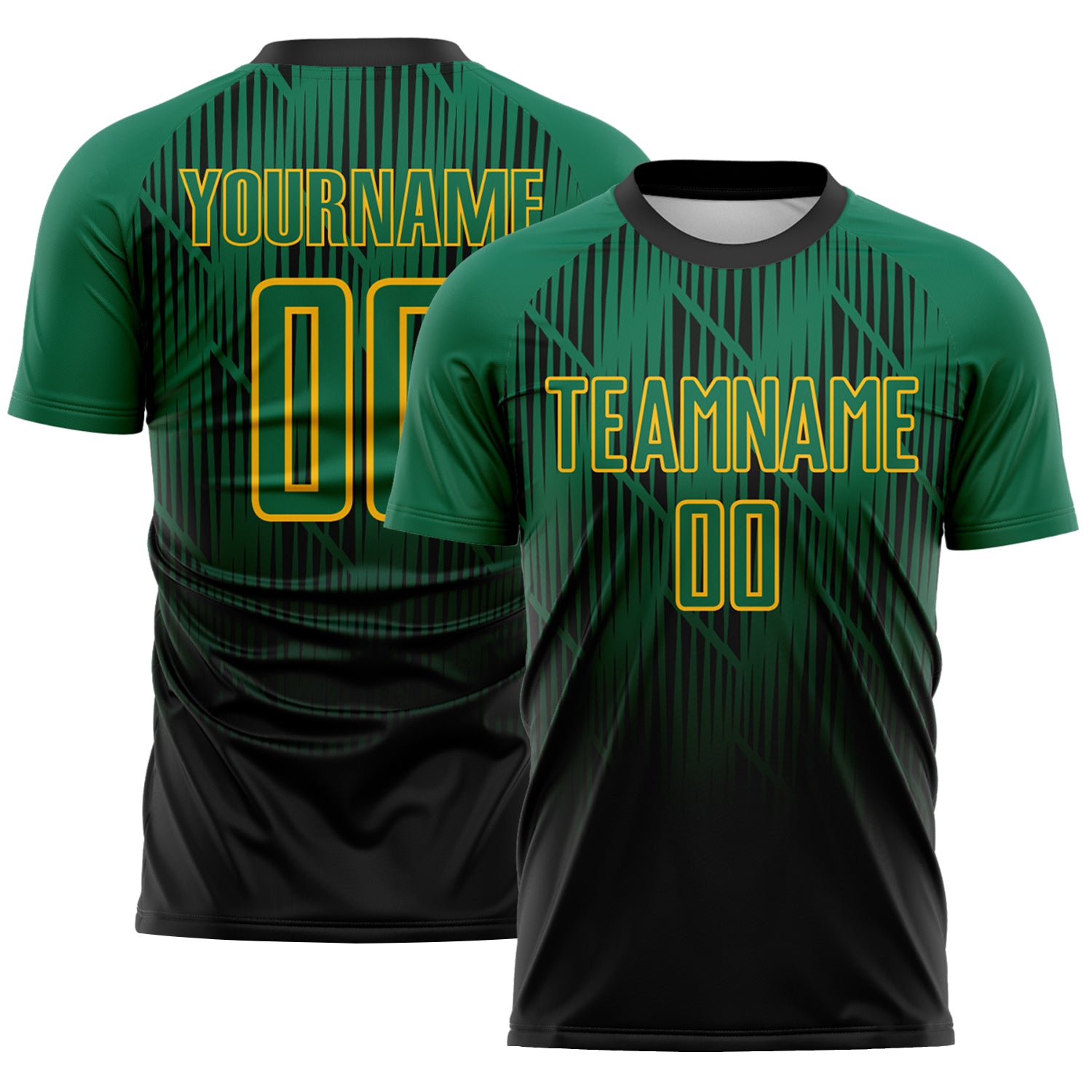 Custom Black Kelly Green-Gold Spiked Sharp Lines Gradient Sublimation Soccer Uniform Jersey