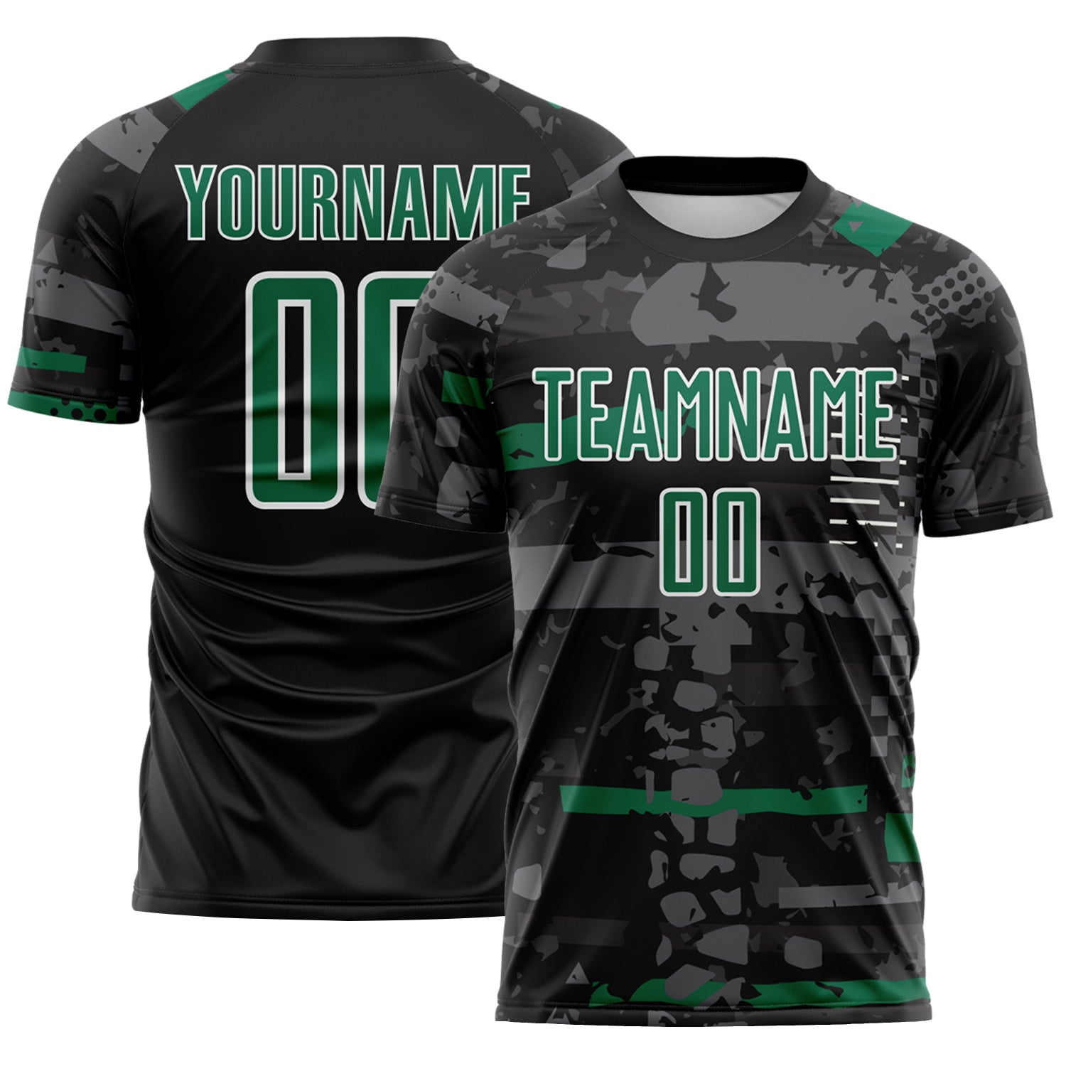 Custom Black Kelly Green Gray-White Abstract Geometric Stripe Fragment Sublimation Soccer Uniform Jersey