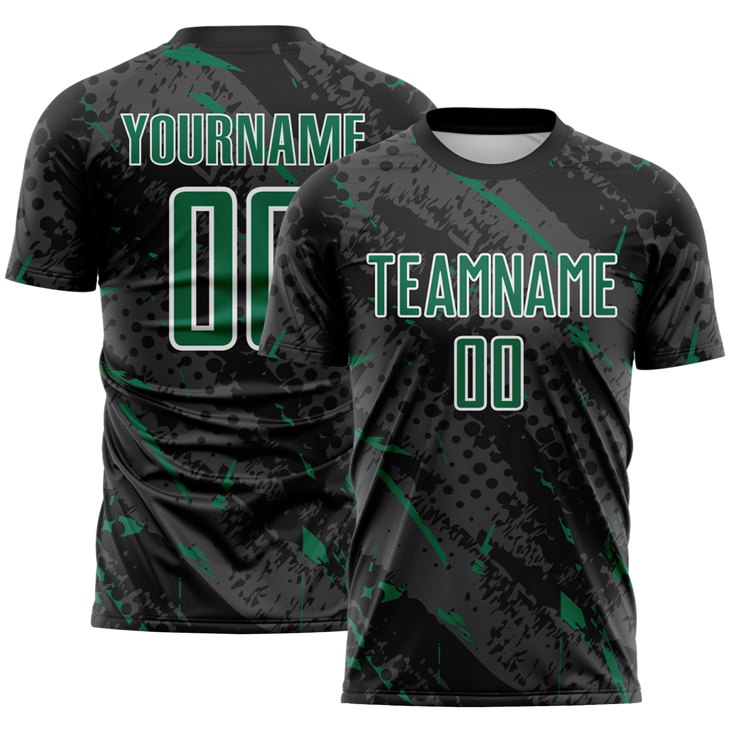 Custom Black Kelly Green Gray-White Brush Stroke Slashes And Dot Grid Sublimation Soccer Uniform Jersey