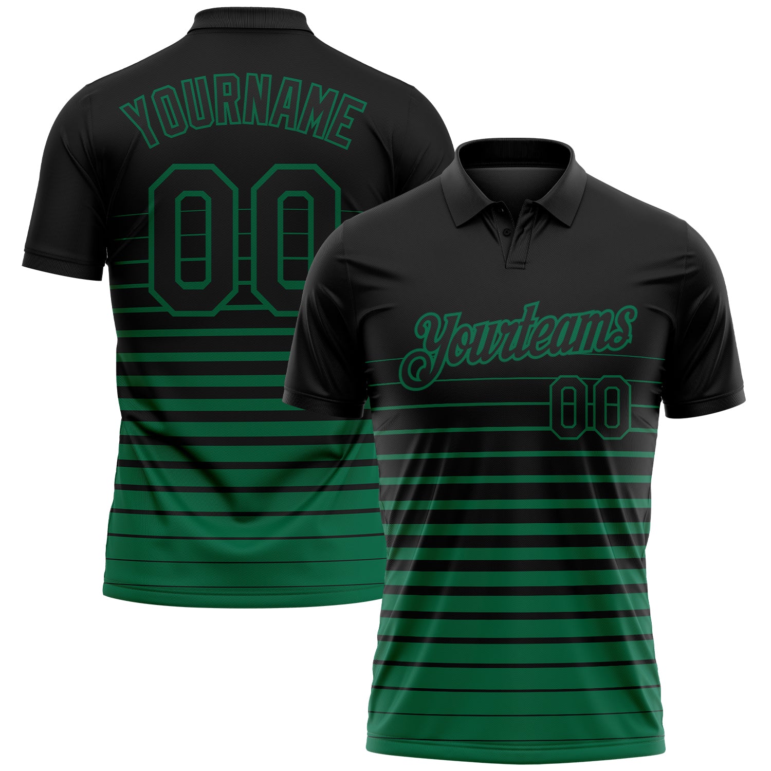 Custom Black-Kelly Green Horizontal Gradient Stripe Performance Polo Shirt