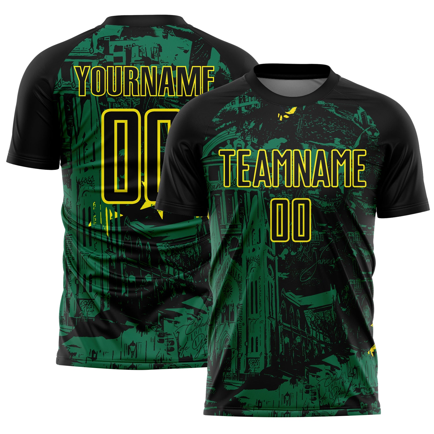 Custom Black Kelly Green-Light Yellow Brasil Cityscape Splatter Sublimation Soccer Uniform Jersey