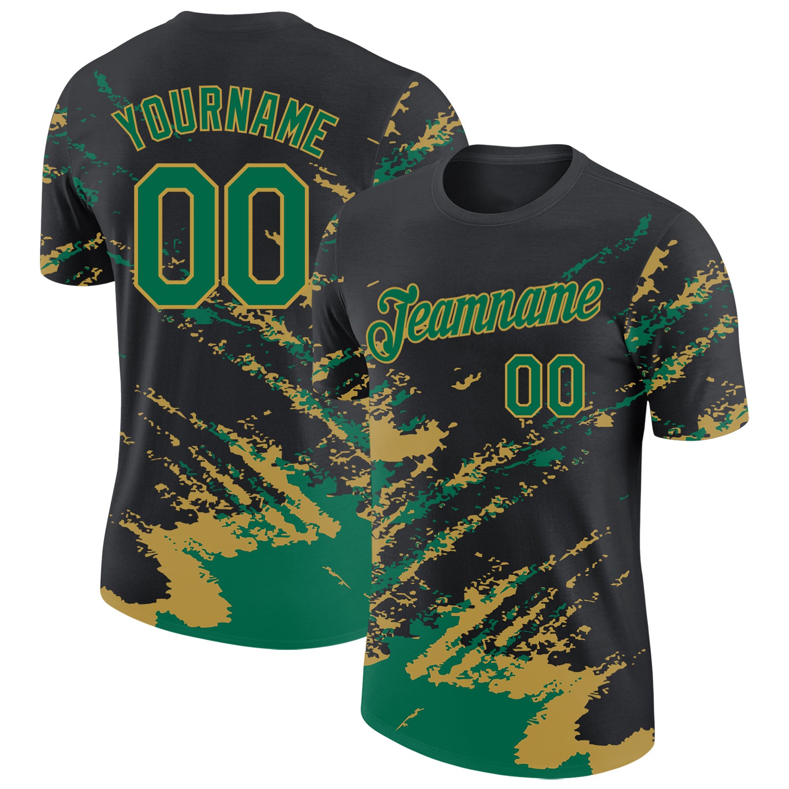 Custom Black Kelly Green-Old Gold Brush Stroke Shatter Splatter Performance T-Shirt