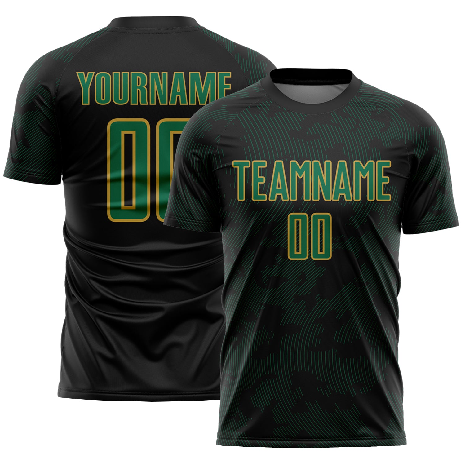 Custom Black Kelly Green-Old Gold Curve Lines Sublimation Soccer Uniform Jersey