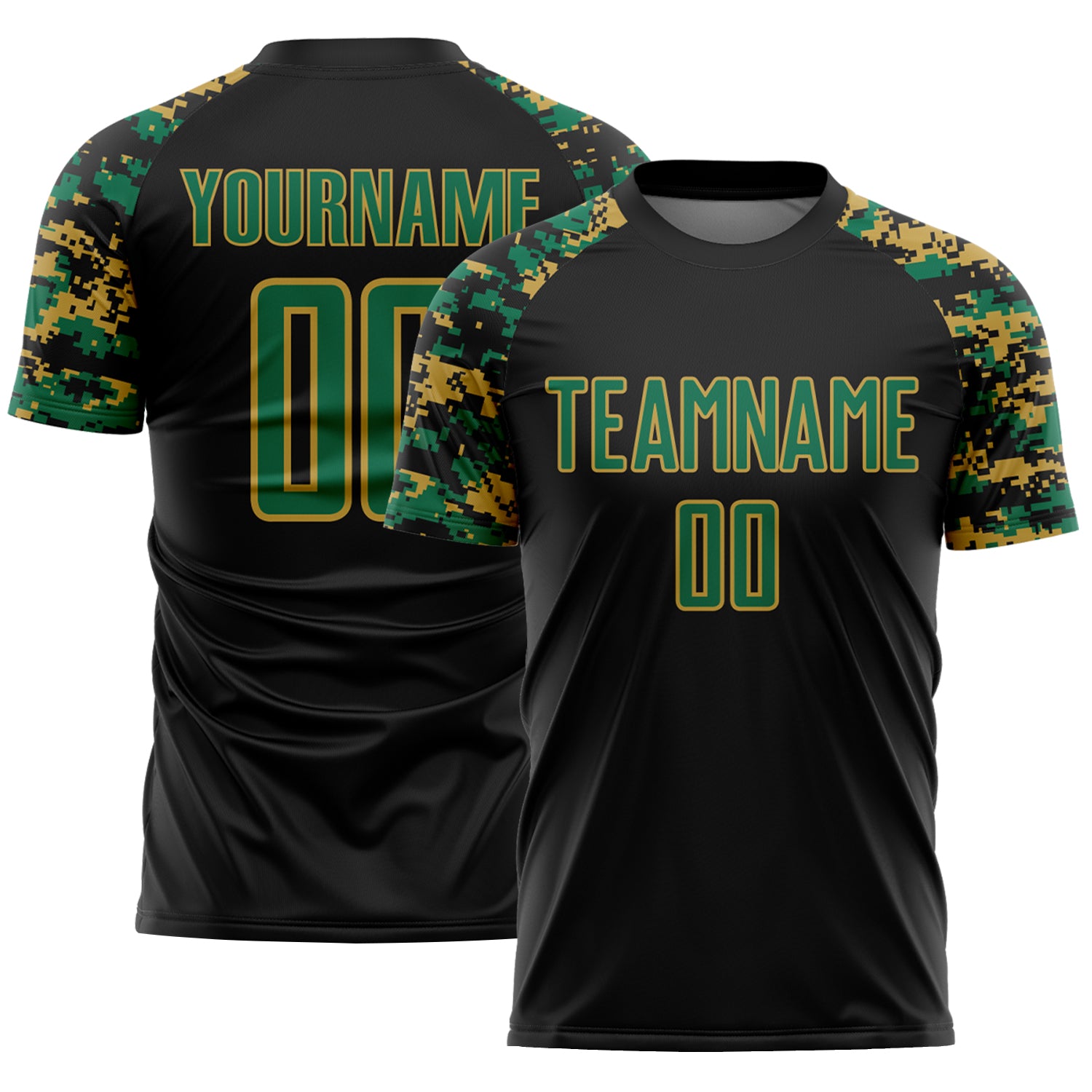 Custom Black Kelly Green-Old Gold Digital Camo Raglan Sleeves Sublimation Soccer Uniform Jersey