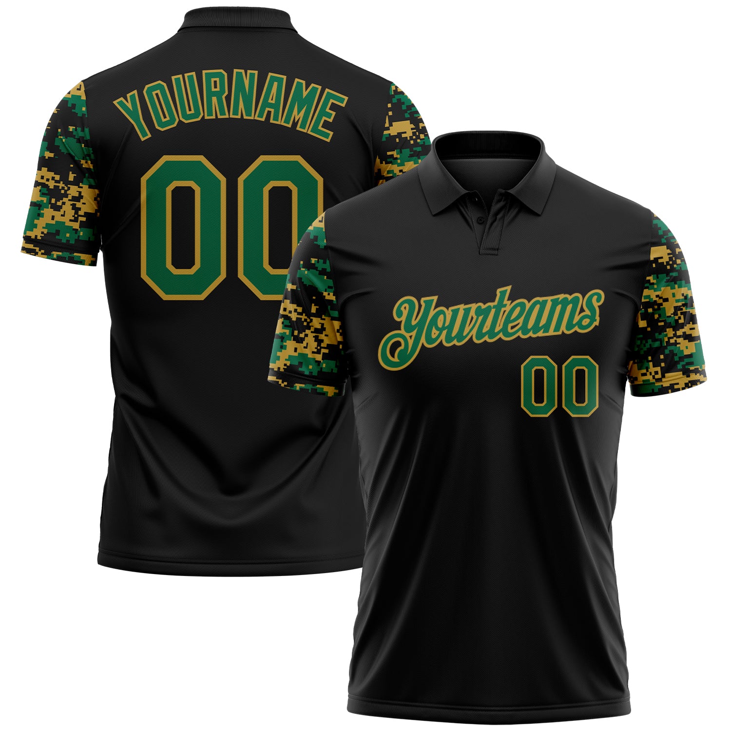 Custom Black Kelly Green-Old Gold Digital Camo Two Tone Performance Polo Shirt