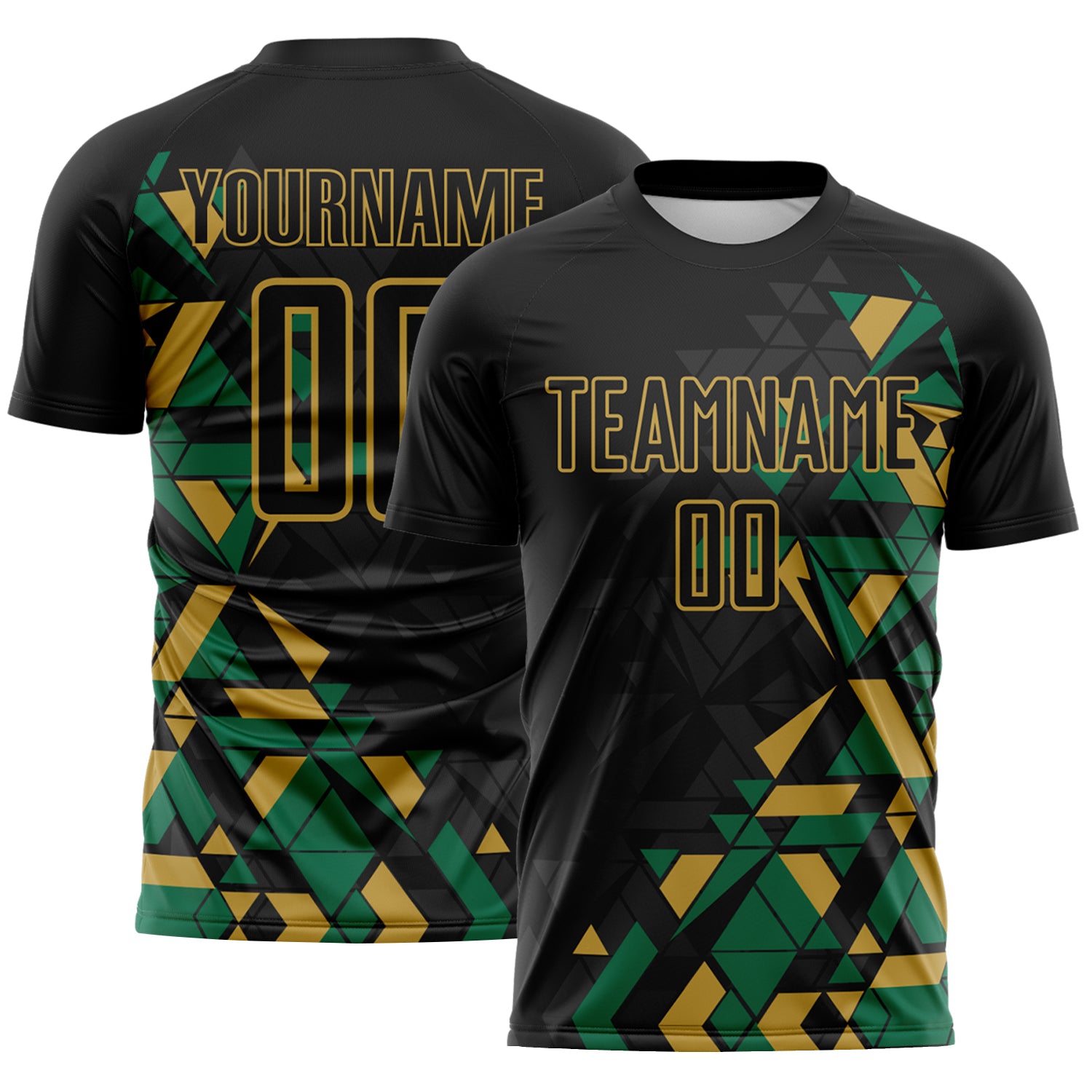 Custom Black Kelly Green-Old Gold Geometric Grid Gradient Sublimation Soccer Uniform Jersey