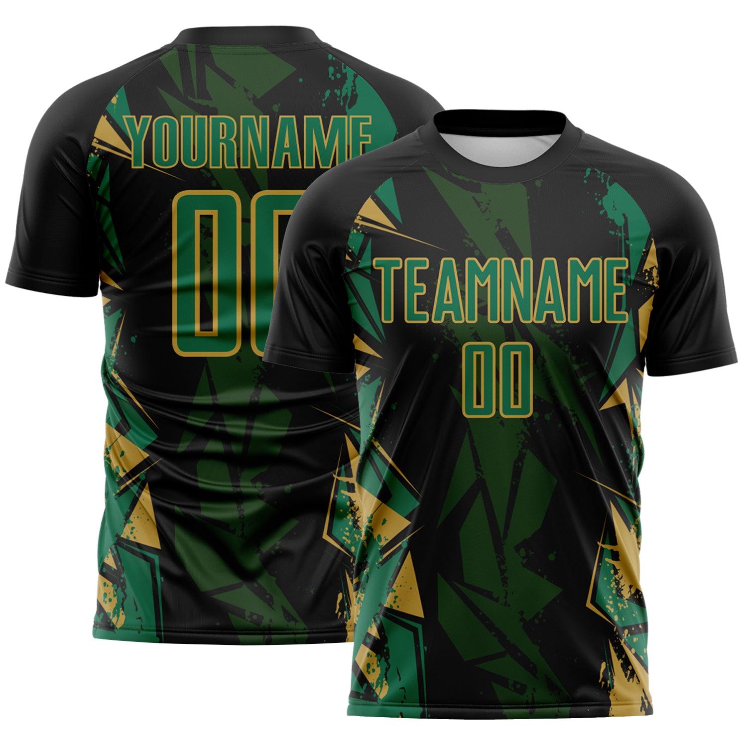 Custom Black Kelly Green-Old Gold Geometric Shard Grunge Splash Sublimation Soccer Uniform Jersey
