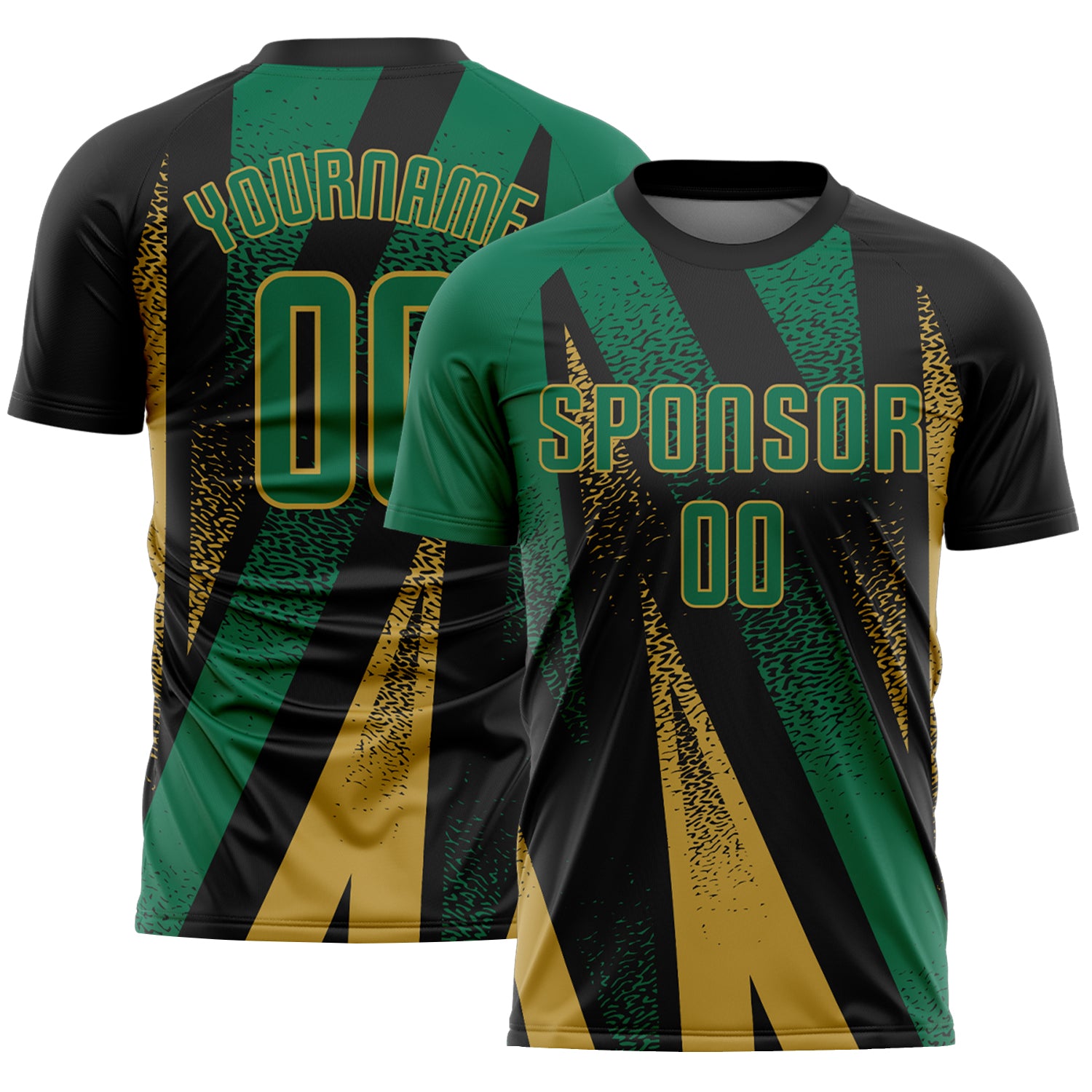 Custom Black Kelly Green-Old Gold Radial Burst Sports Sublimation Soccer Uniform Jersey