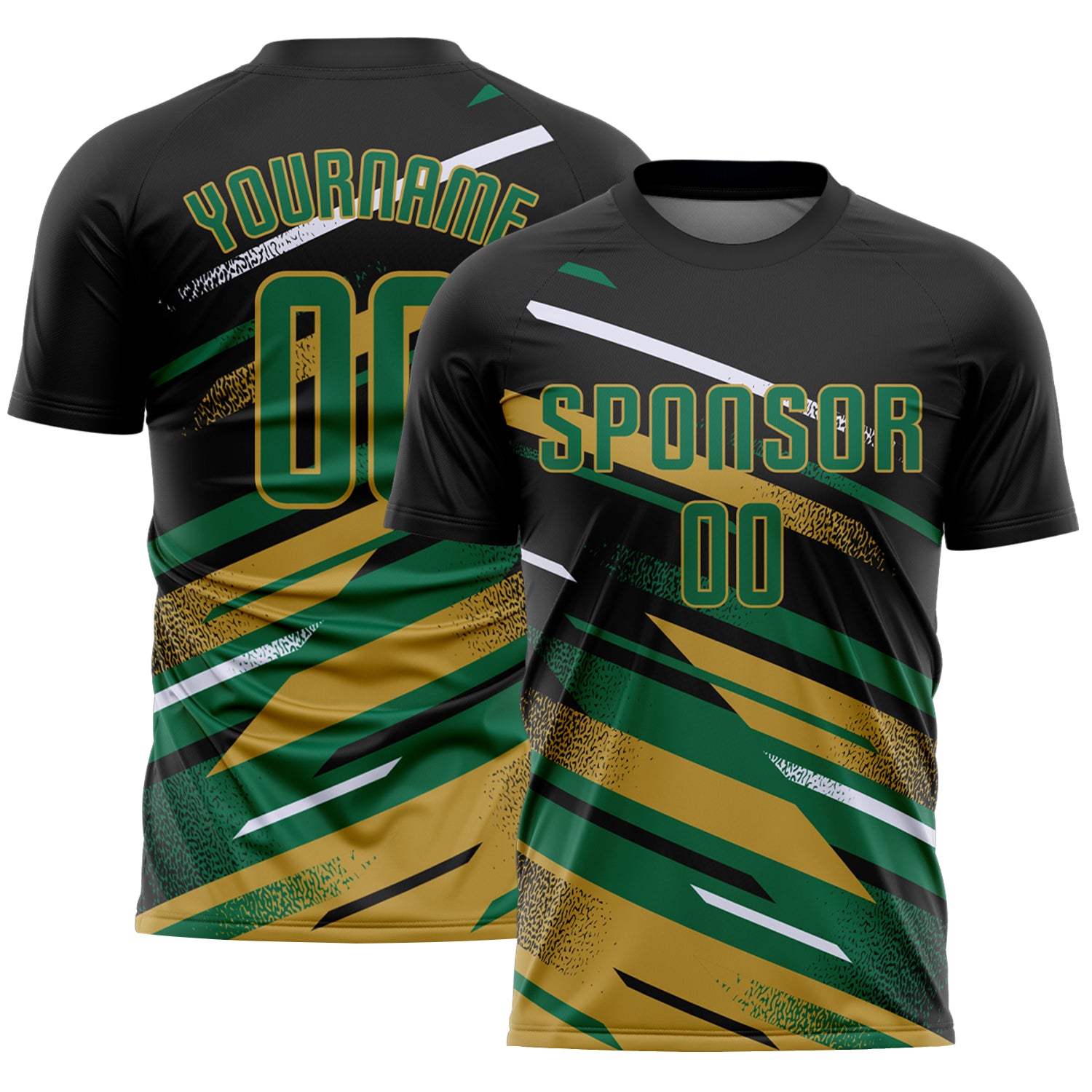 Custom Black Kelly Green Old Gold-White Grunge Stripe And Grainy Sports Sublimation Soccer Uniform Jersey