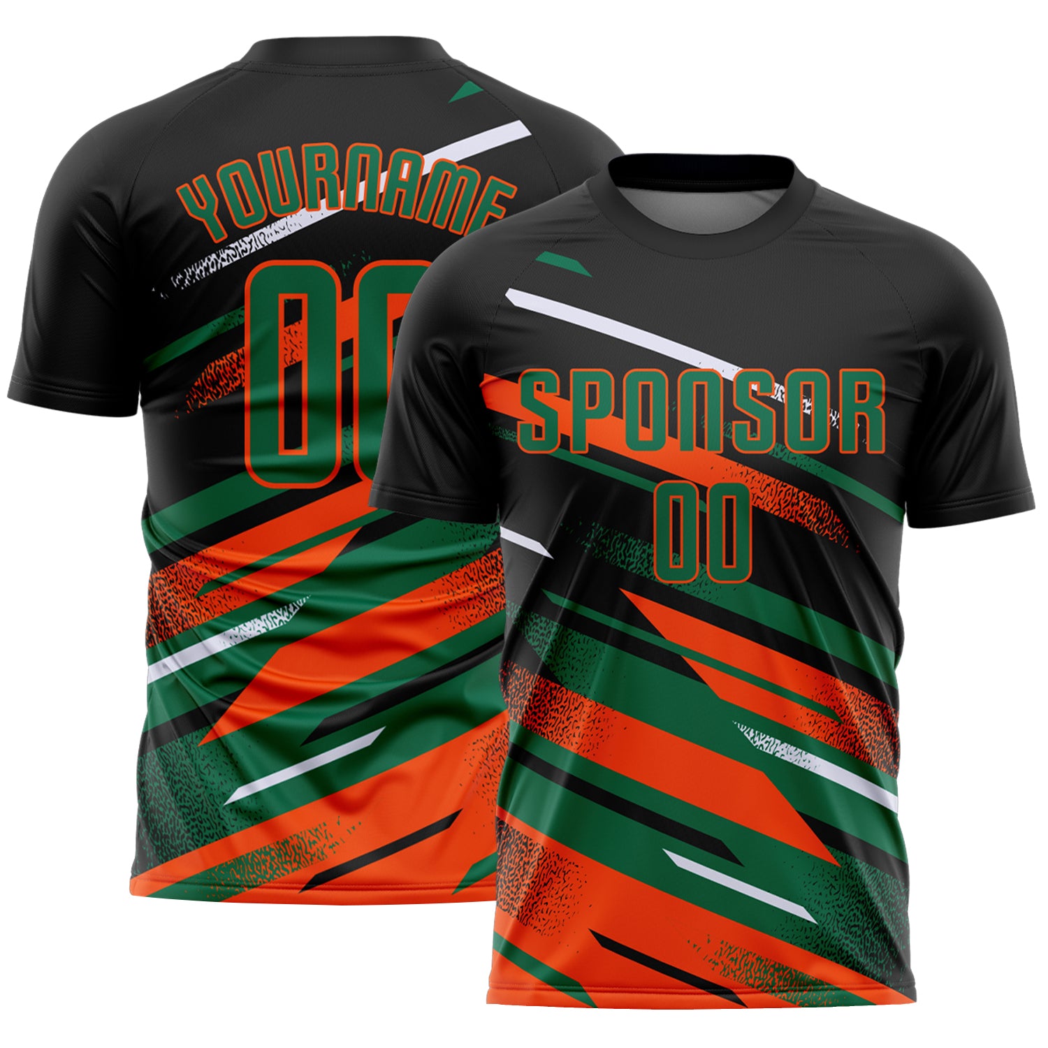 Custom Black Kelly Green Orange-White Grunge Stripe And Grainy Sports Sublimation Soccer Uniform Jersey