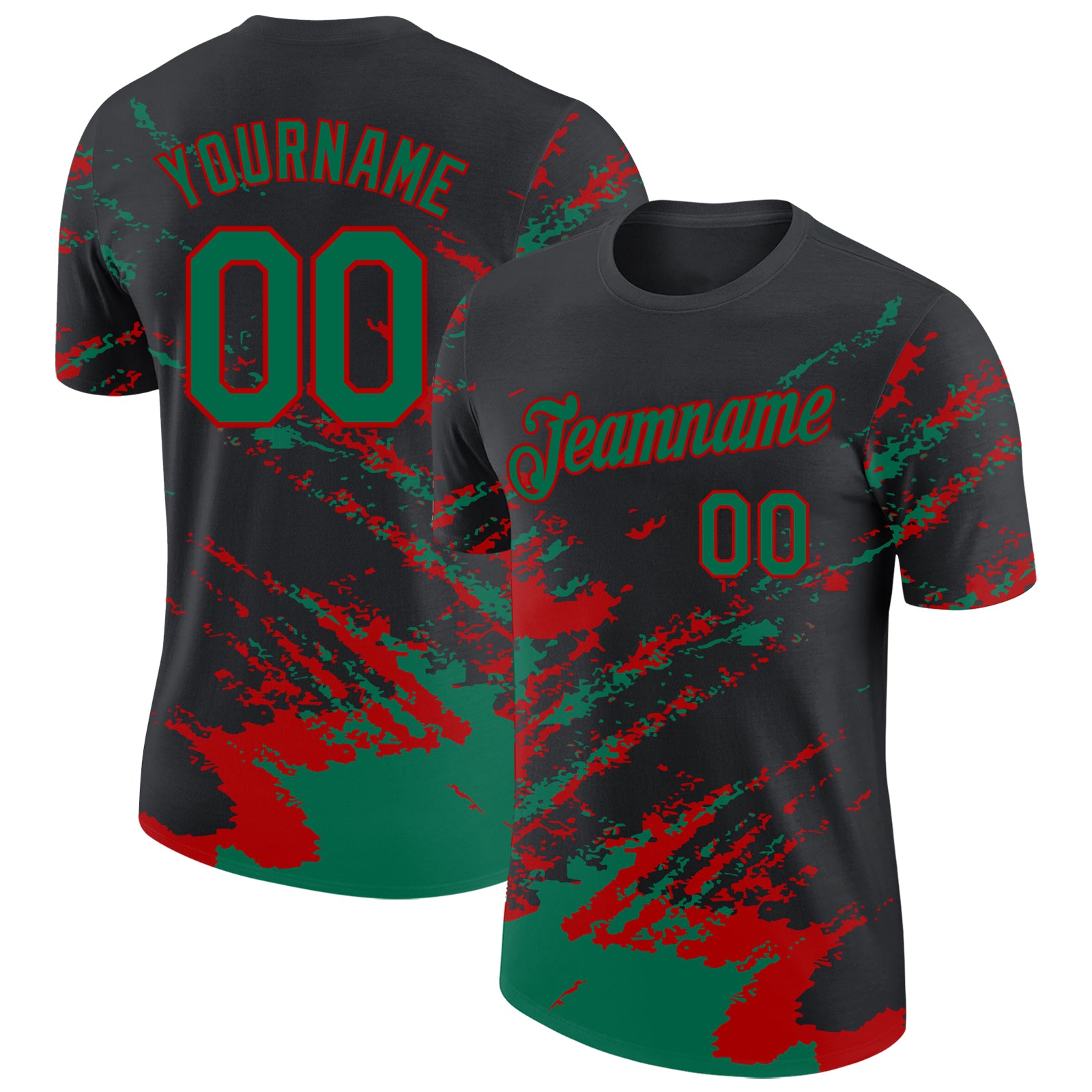 Custom Black Kelly Green-Red Brush Stroke Shatter Splatter Performance T-Shirt