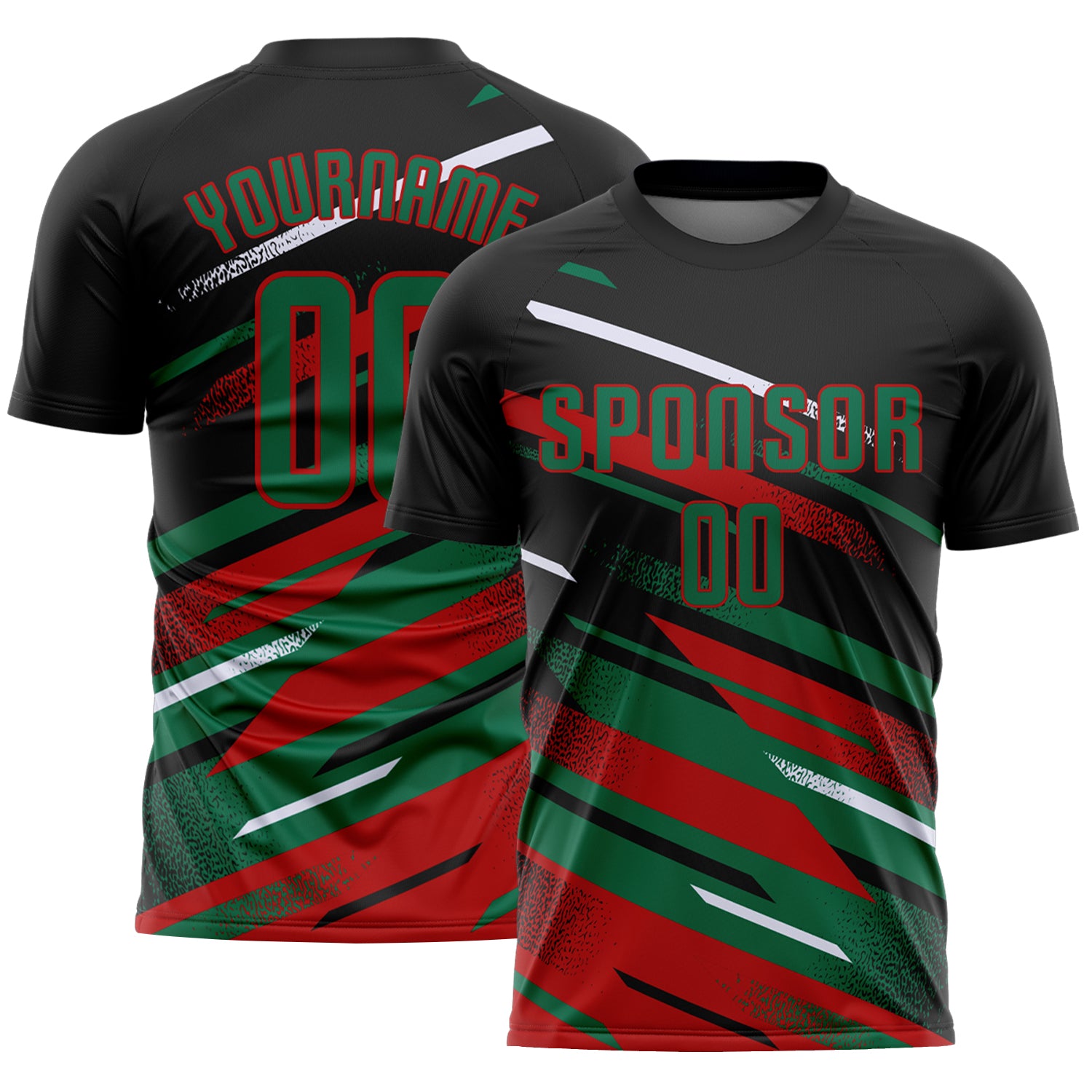 Custom Black Kelly Green Red-White Grunge Stripe And Grainy Sports Sublimation Soccer Uniform Jersey