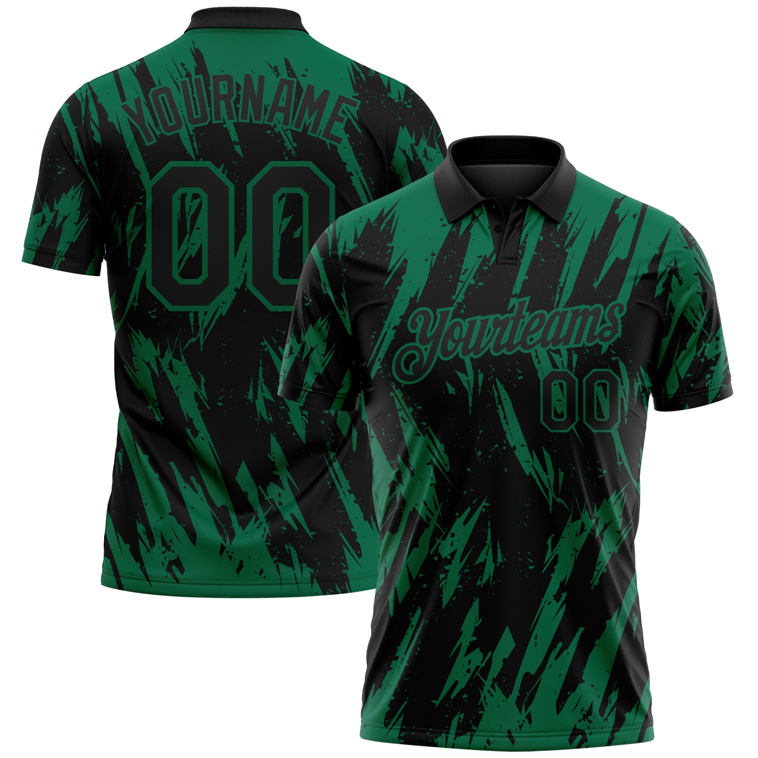 Custom Black-Kelly Green Torn Sharp Brush Stroke Splatter Performance Polo Shirt