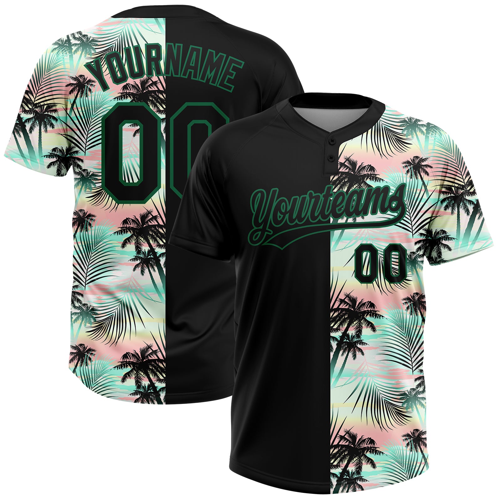 Custom Black Kelly Green Tropical Palm Leaves Two-Button Unisex Softball Jersey