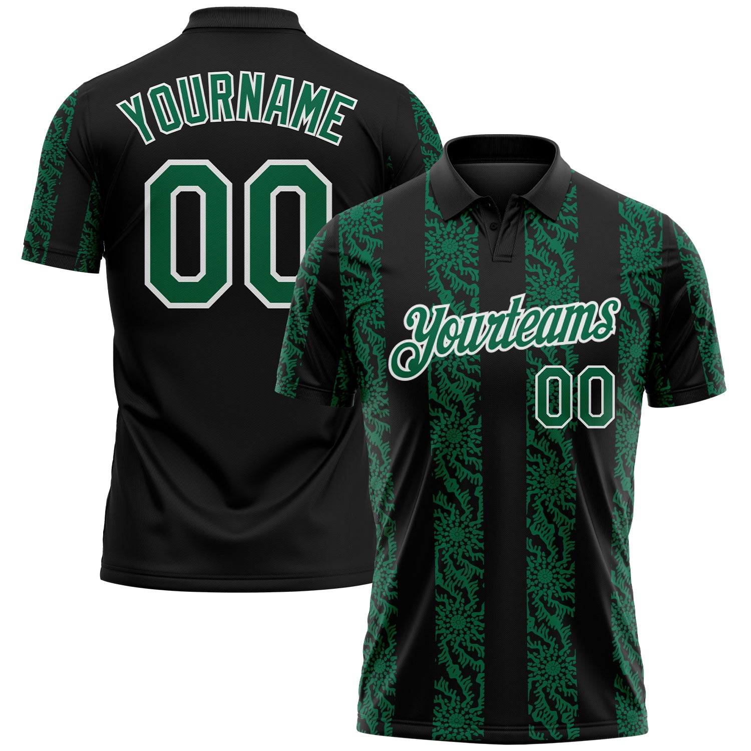 Custom Black Kelly Green-White 3D Pattern Abstract Floral Stripe Tribal Performance Polo Shirt