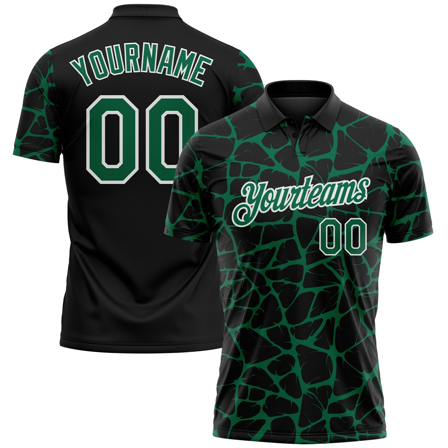 Custom Black Kelly Green-White 3D Pattern Abstract Network Crackle Performance Polo Shirt