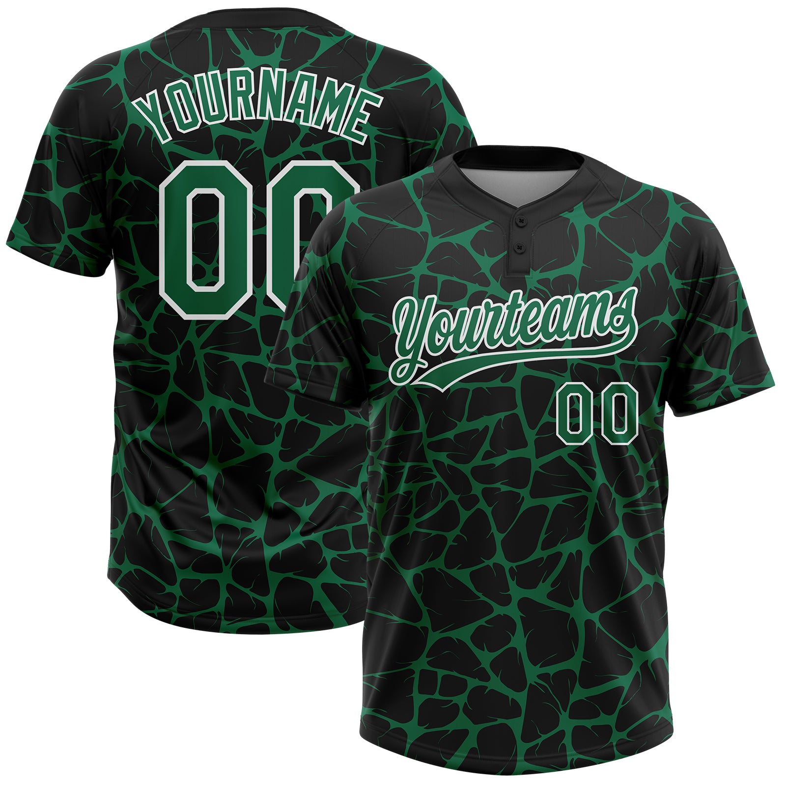 Custom Black Kelly Green-White 3D Pattern Design Abstract Network Crackle Two-Button Unisex Softball Jersey