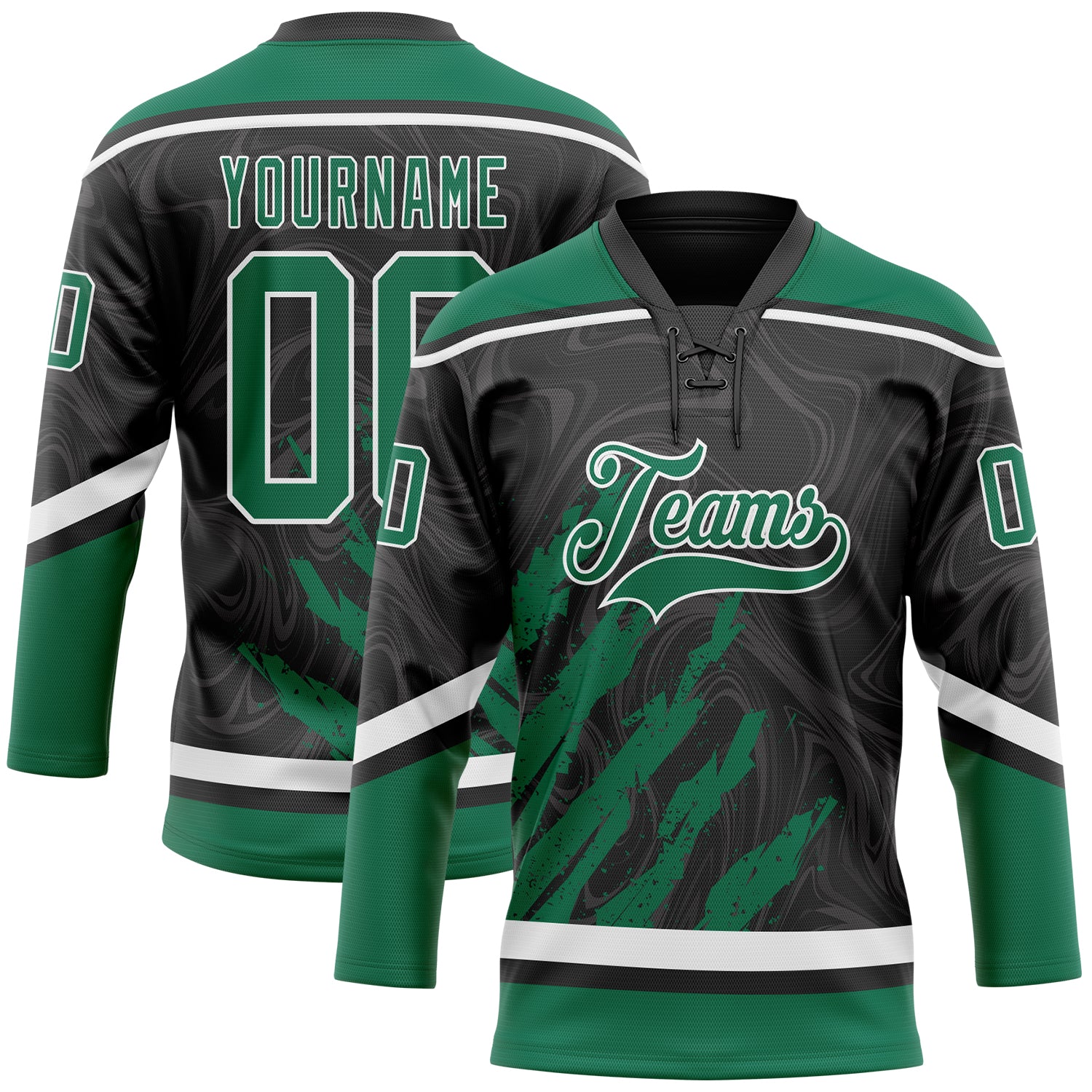 Custom Black Kelly Green-White 3D Splash Art Hockey Lace Neck Jersey
