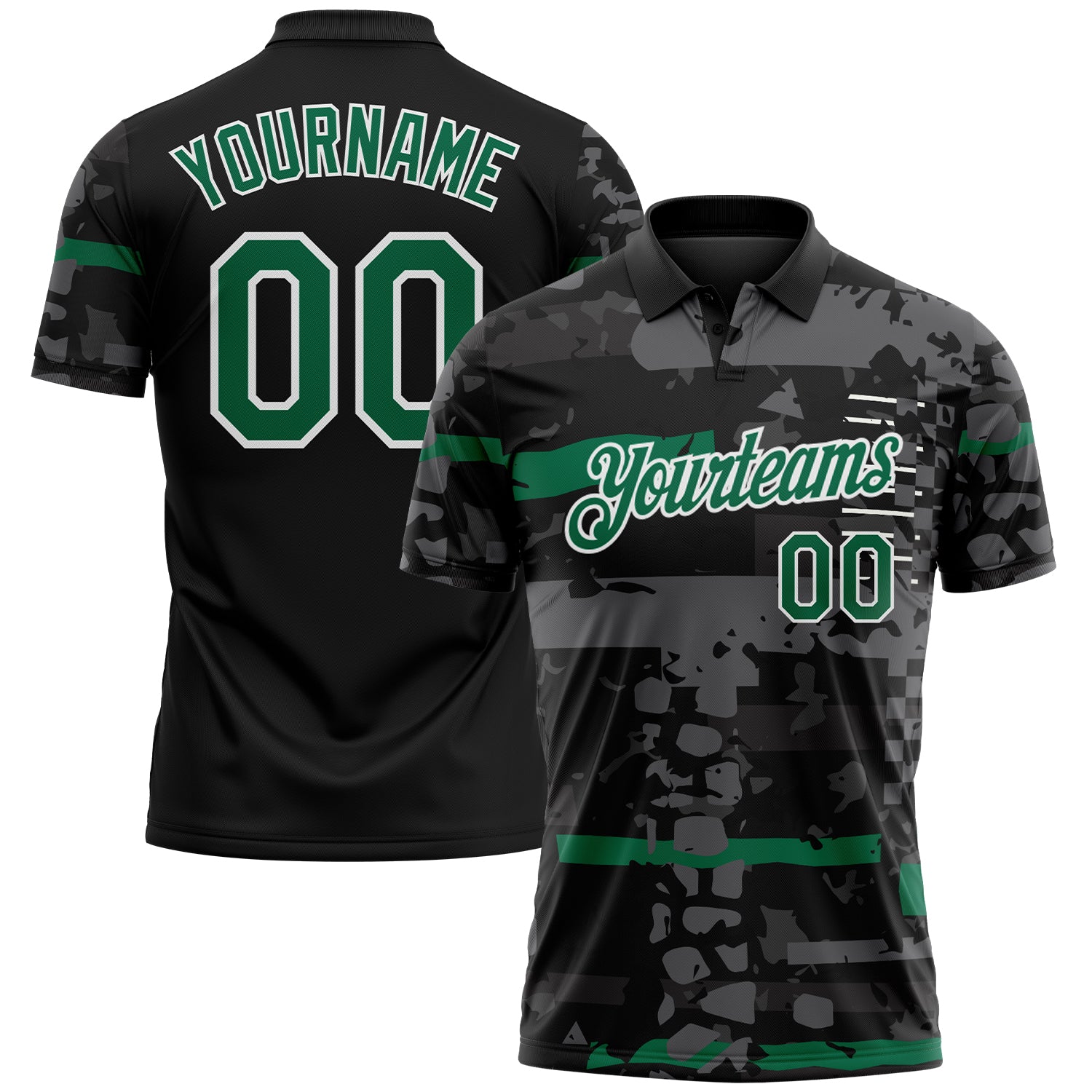 Custom Black Kelly Green-White Abstract Geometric Grunge Fragment Performance Polo Shirt