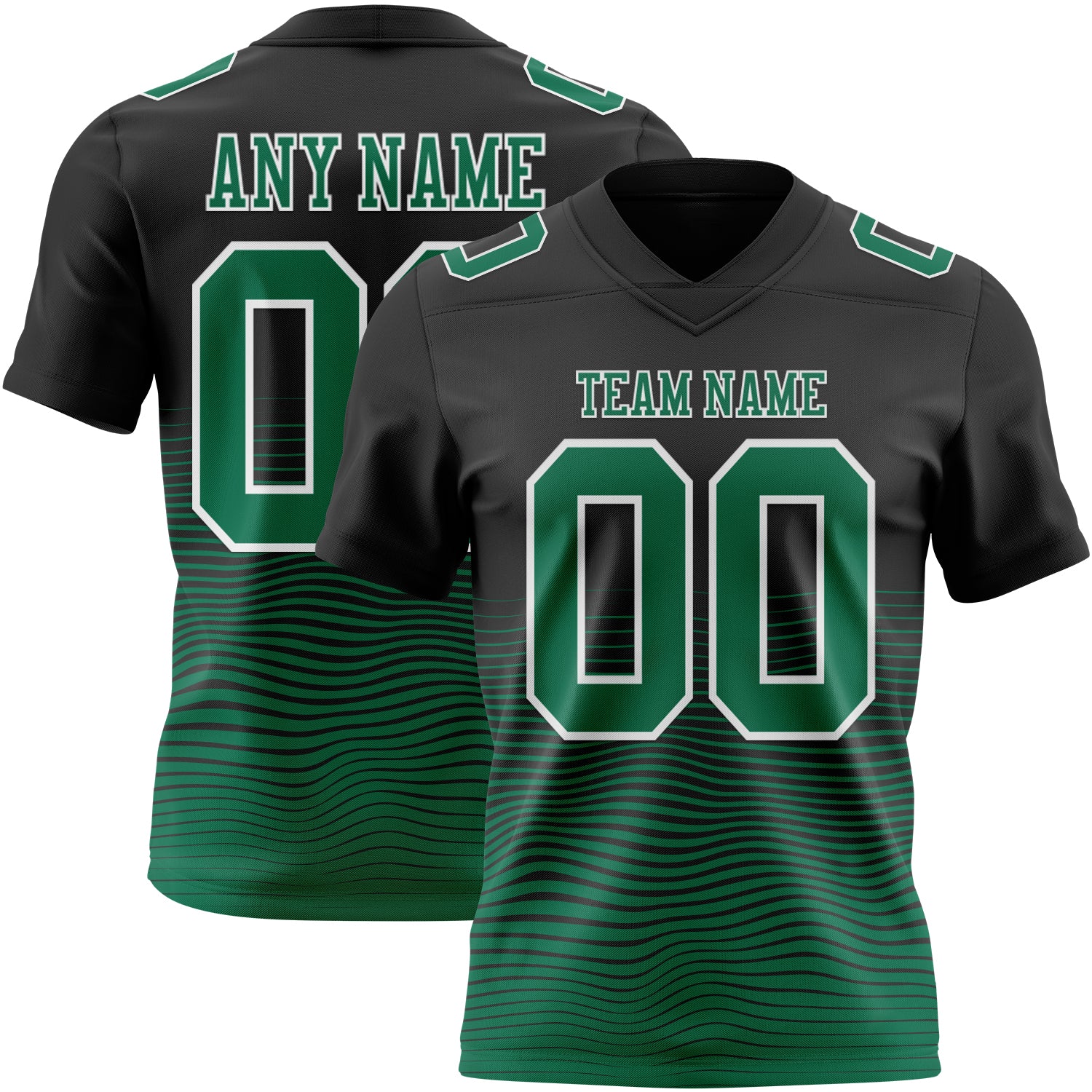Custom Black Kelly Green-White Authentic Fluid Wave Line Fade 7V7 Flag Football Jersey