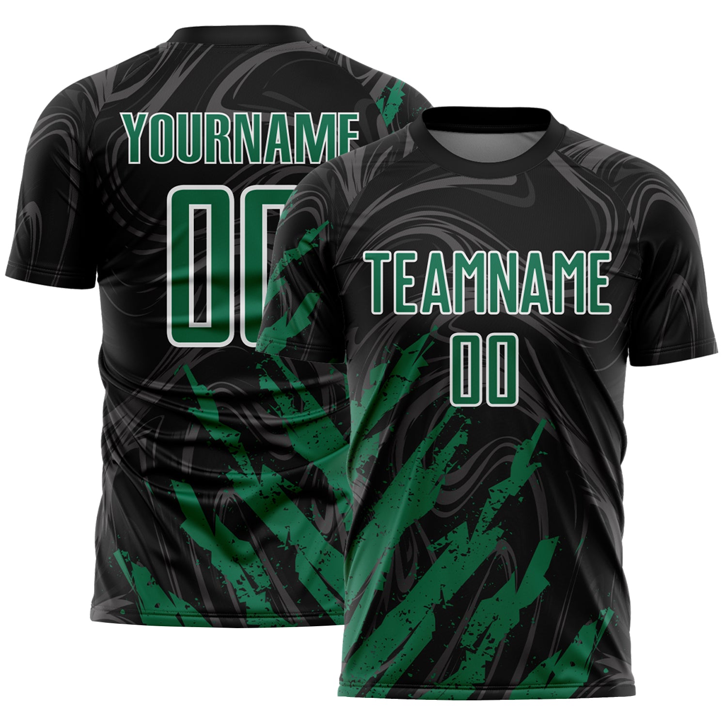 Custom Black Kelly Green-White Brush Stroke Splatter Liquid Swirl Sublimation Soccer Uniform Jersey