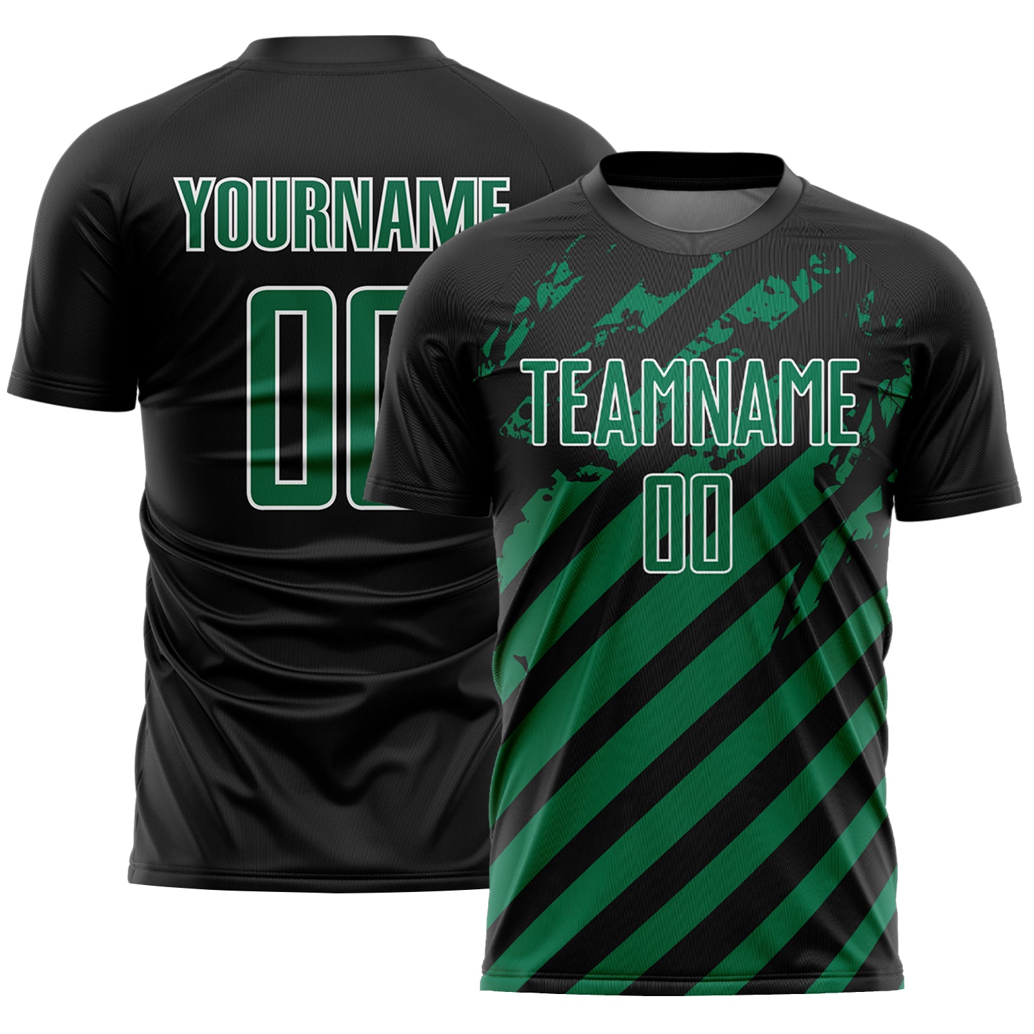 Custom Black Kelly Green-White Distressed Diagonal Stripe Pattern Sports Sublimation Soccer Uniform Jersey