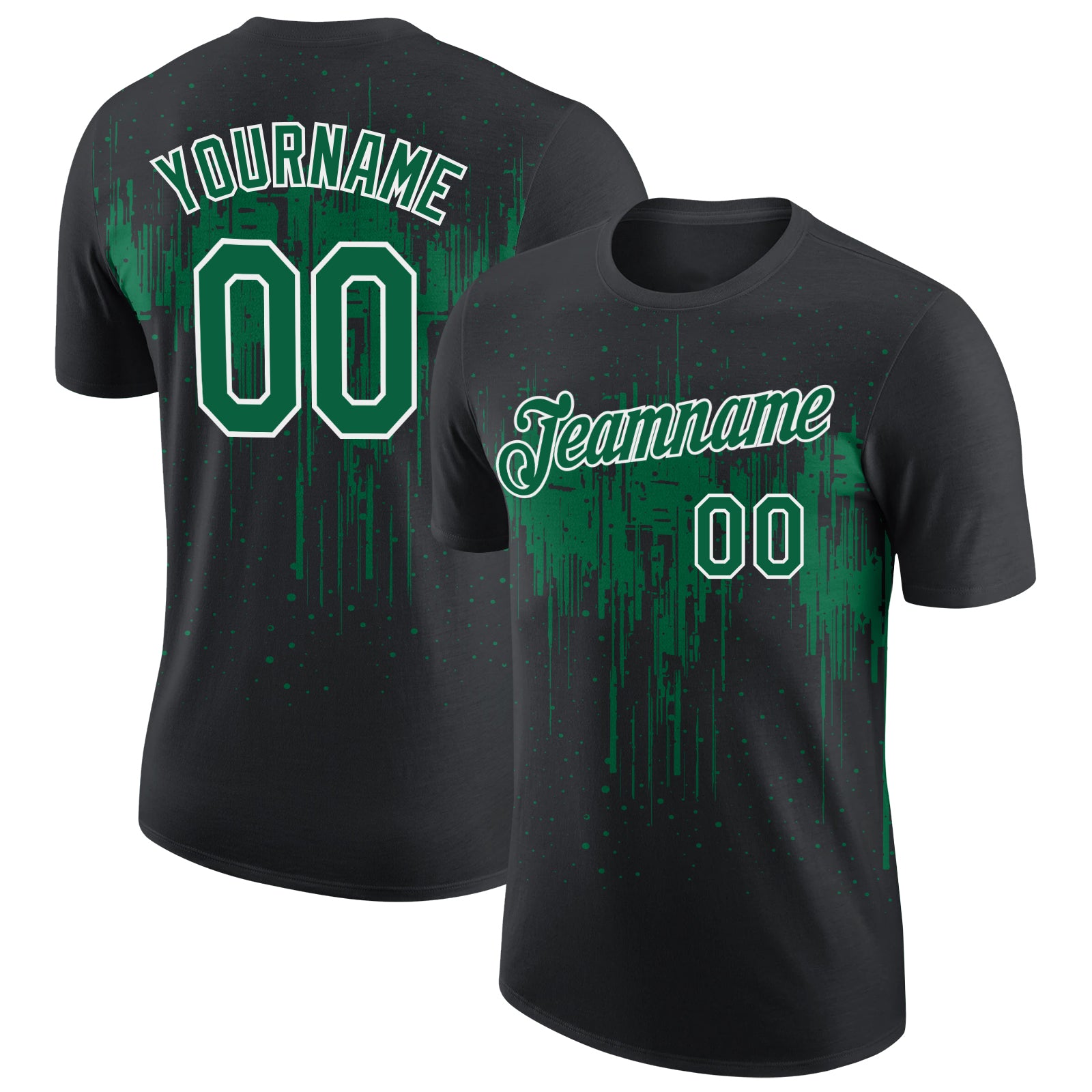 Custom Black Kelly Green-White Dripping Splatter Paint Performance T-Shirt