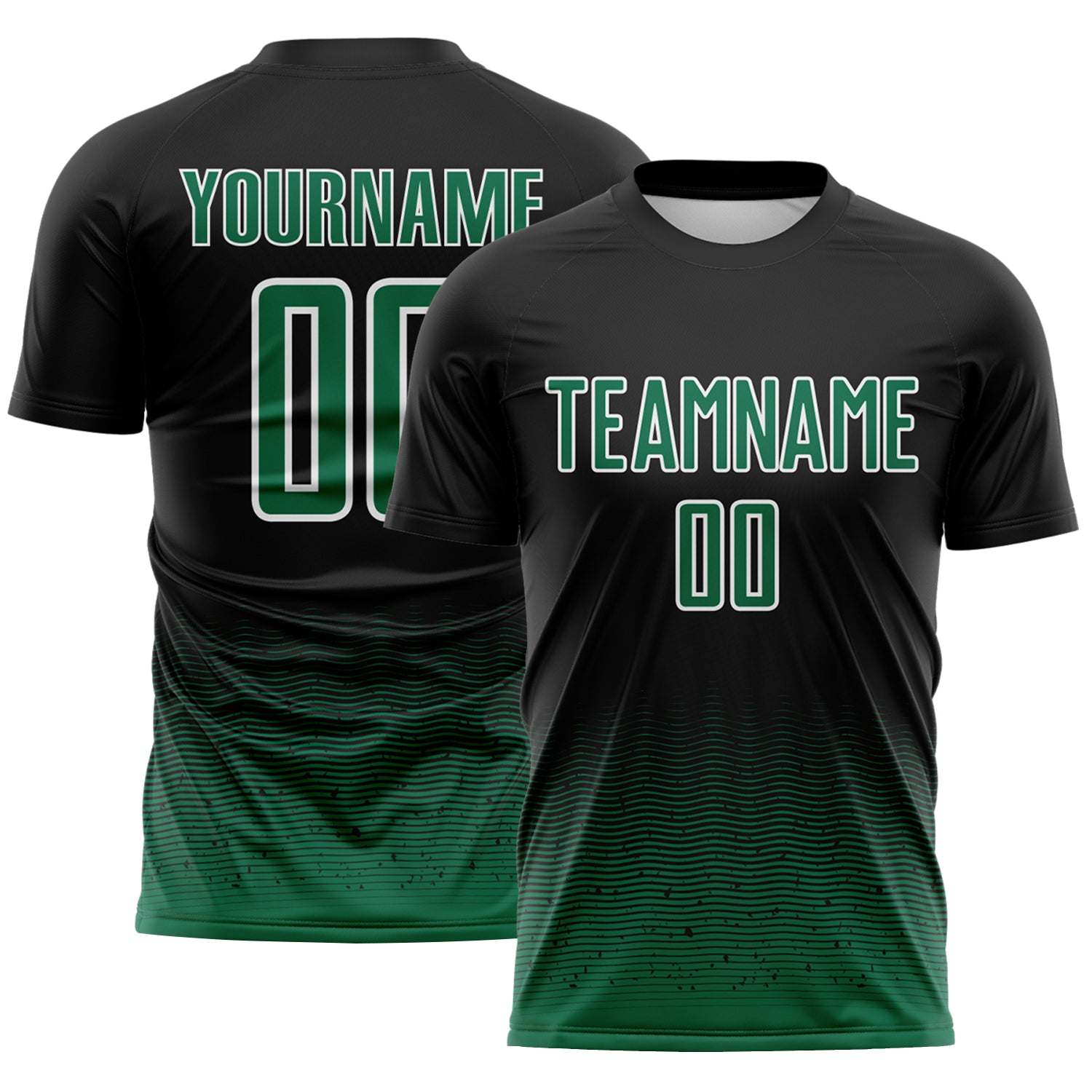 Custom Black Kelly Green-White Fade Wave Lines Splatter Sublimation Soccer Uniform Jersey