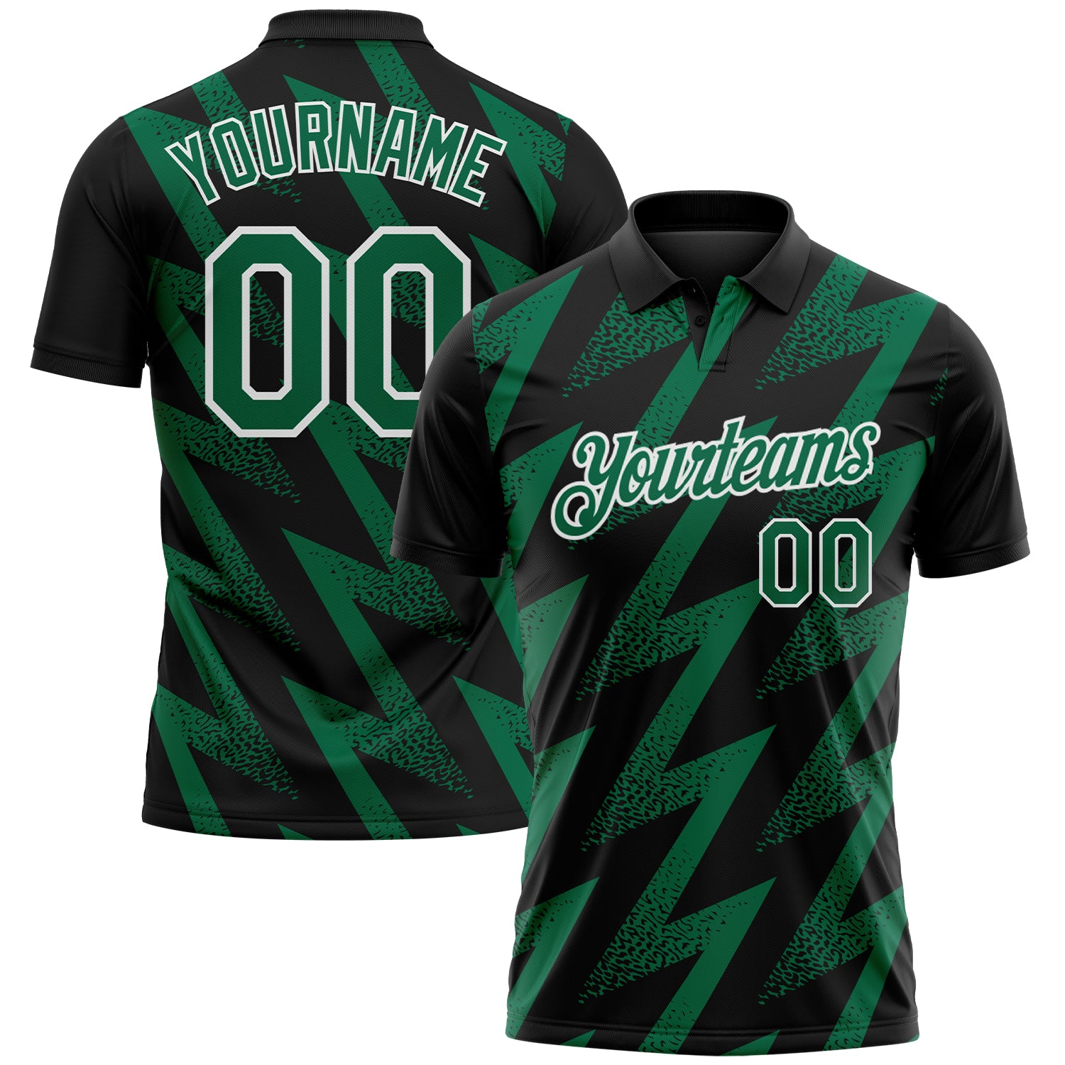 Custom Black Kelly Green-White Geometric Zigzag Shape Lightning Performance Polo Shirt