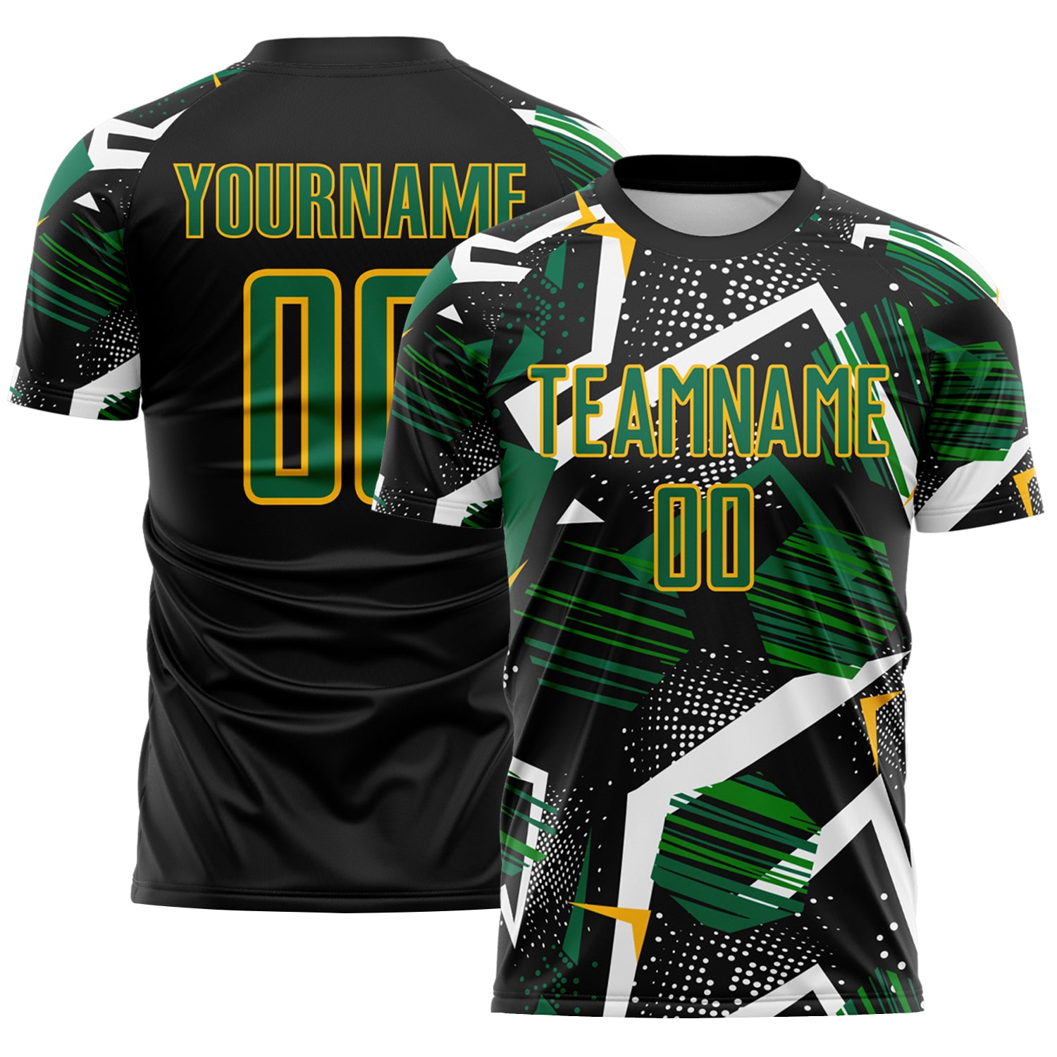 Custom Black Kelly Green White-Gold Geometric Asymmetry Shatter Sublimation Soccer Uniform Jersey