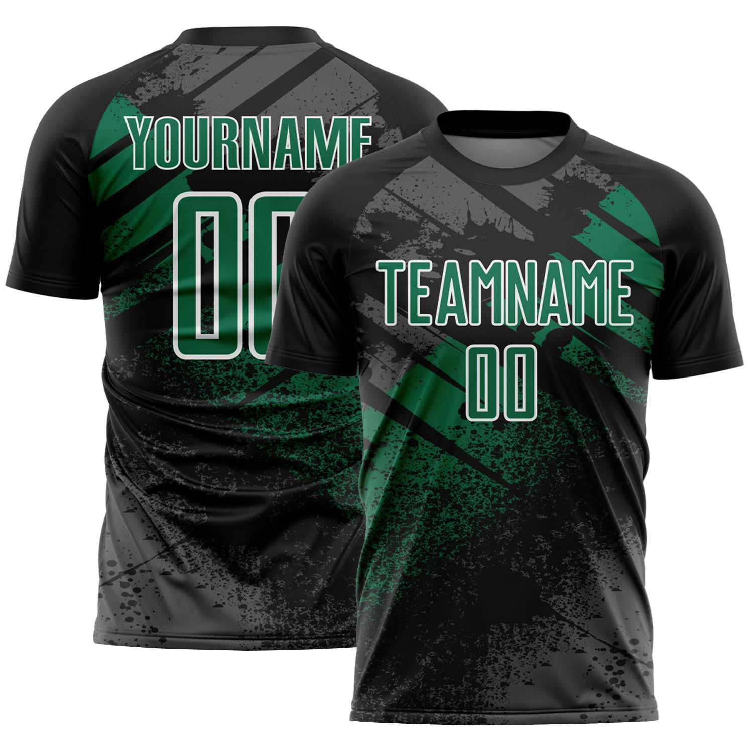 Custom Black Kelly Green-White Grunge Splatter Brush Stroke Sublimation Soccer Uniform Jersey