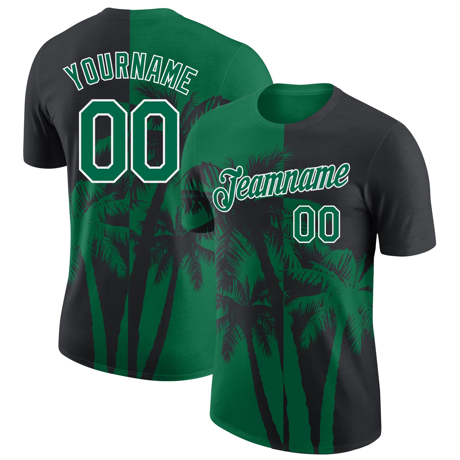 Custom Black Kelly Green-White Hawaii Tropical Coastal Palm Trees Performance T-Shirt