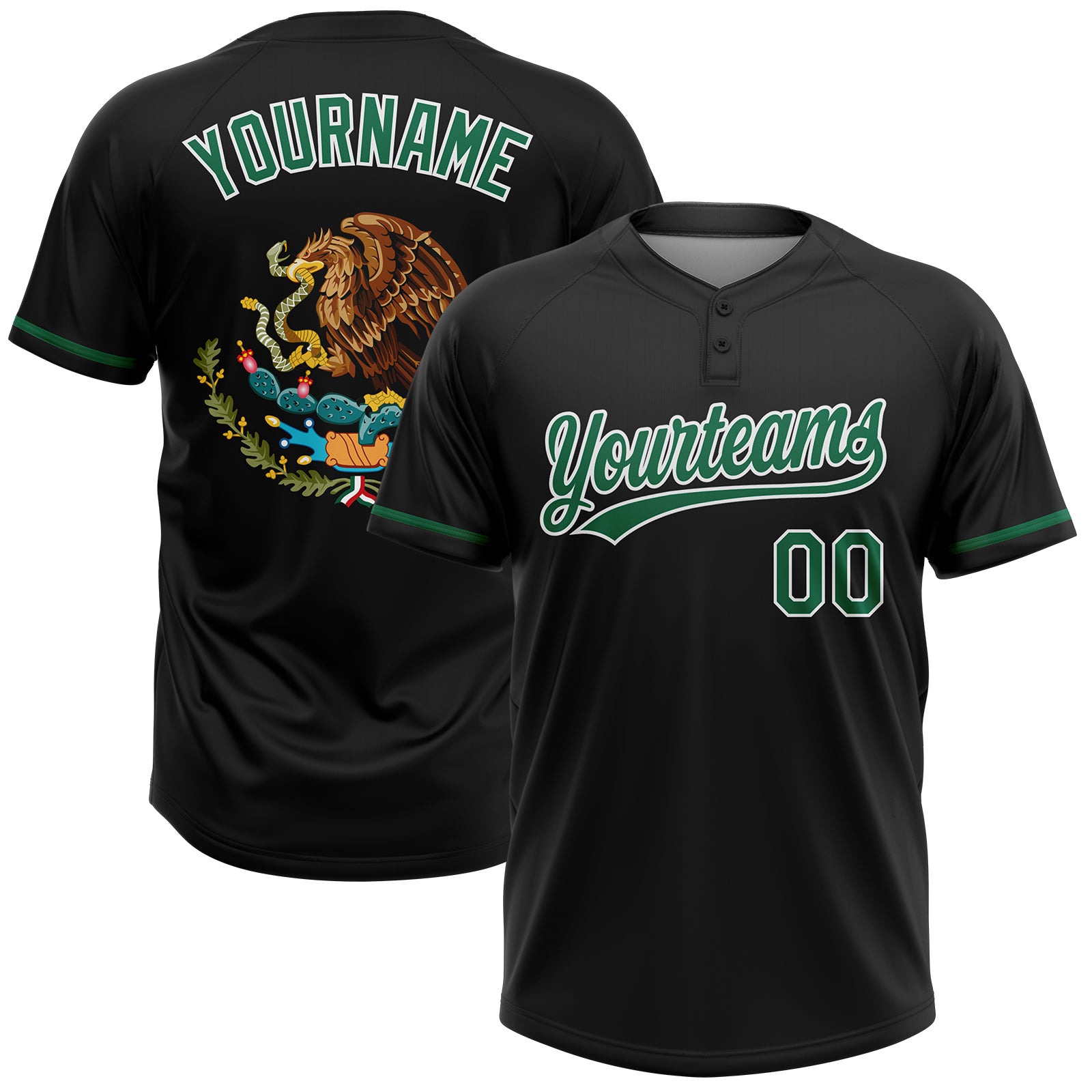 Custom Black Kelly Green-White Mexico Two-Button Unisex Softball Jersey