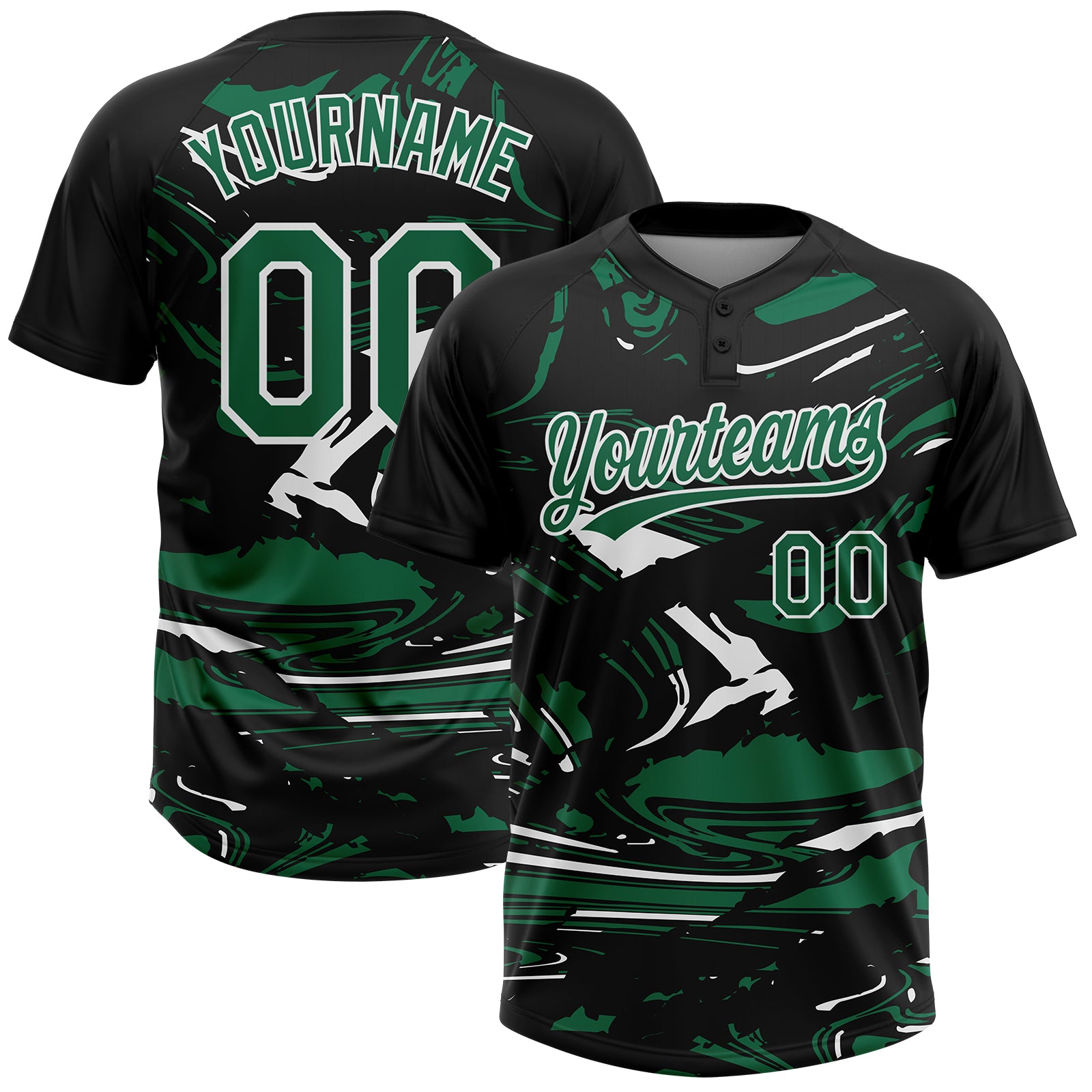 Custom Black Kelly Green-White Raglan Sleeves Abstract Fluid Marble Two-Button Unisex Softball Jersey
