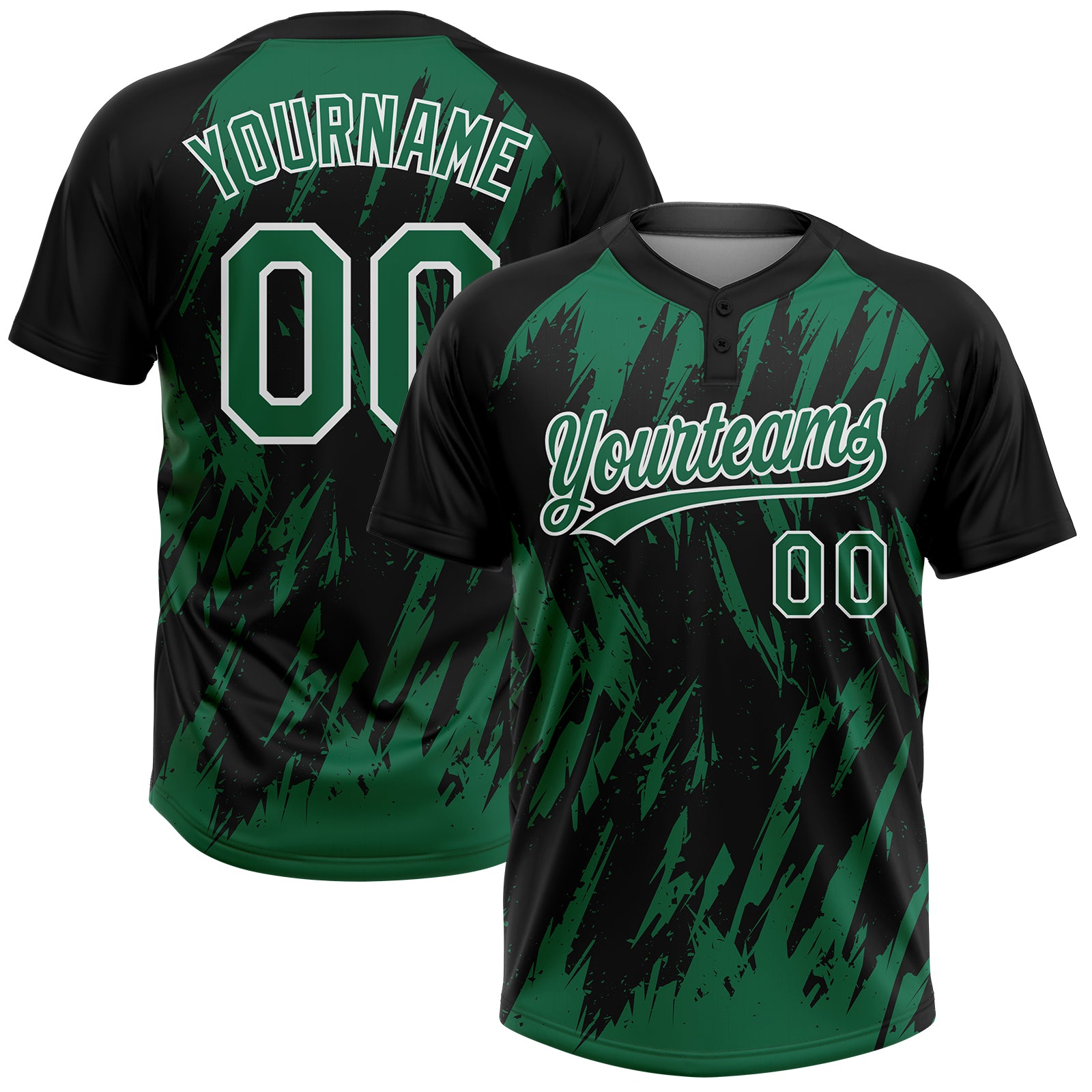 Custom Black Kelly Green-White Splatter Torn Sharp Brush Stroke Two-Button Unisex Softball Jersey