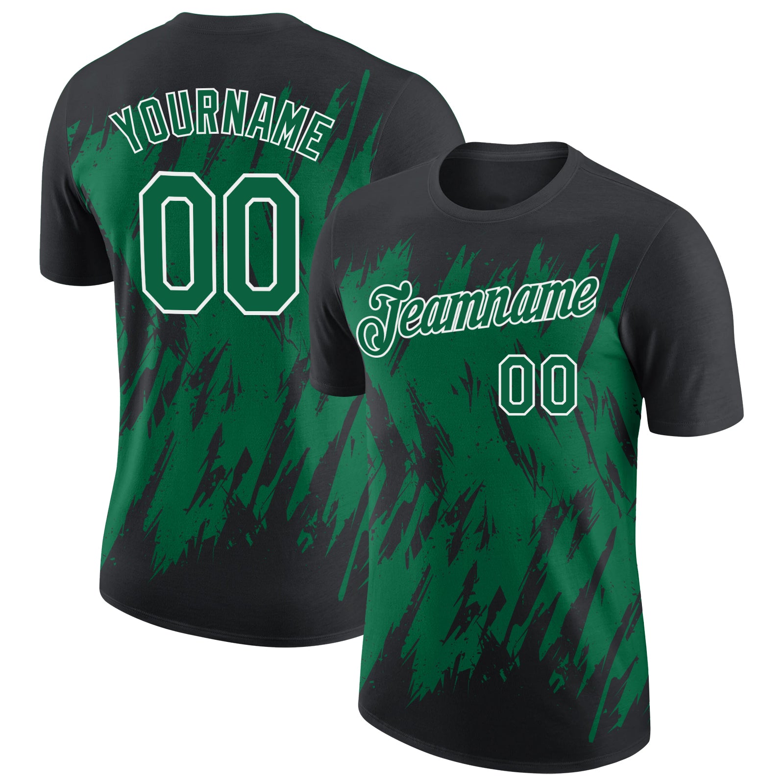 Custom Black Kelly Green-White Torn Sharp Brush Stroke Splatter Performance T-Shirt