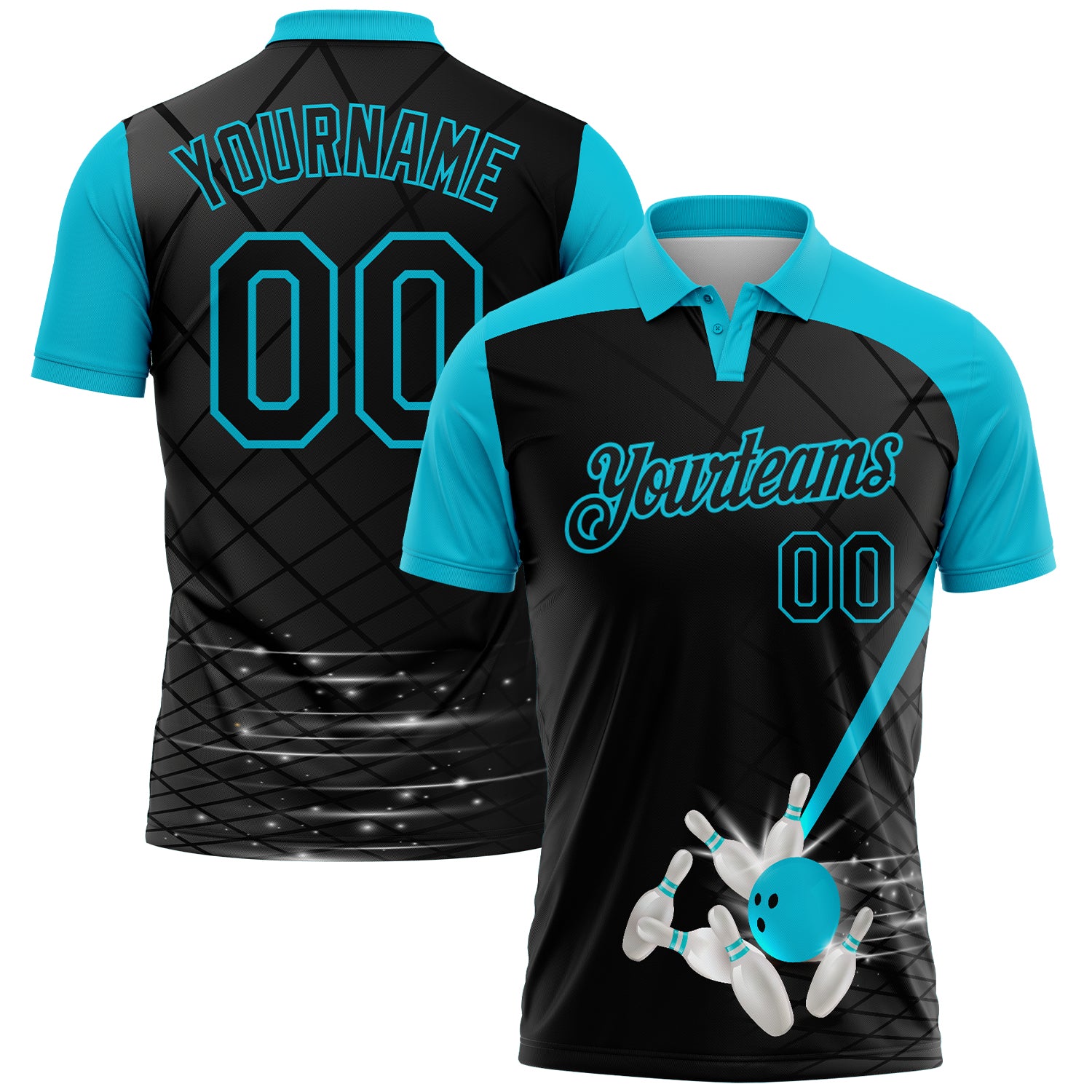 Custom Black-Lakes Blue Bowling Geometric Grid Performance Polo Shirt