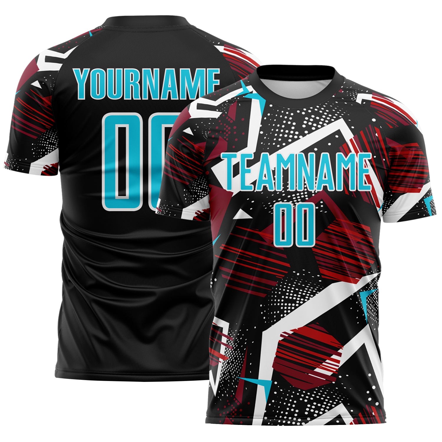 Custom Black Lakes Blue Red-White Geometric Asymmetry Shatter Sublimation Soccer Uniform Jersey