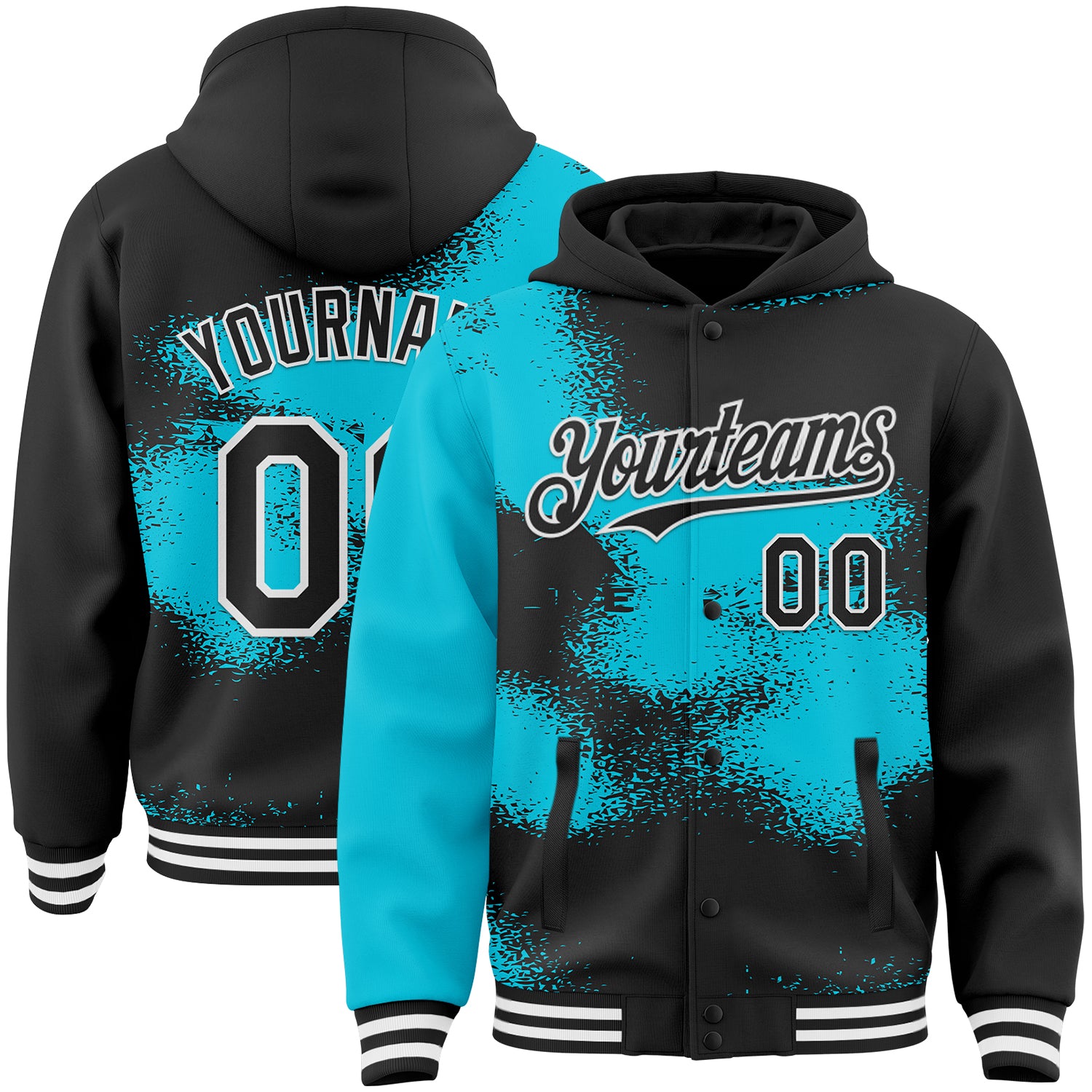 Custom Black Lakes Blue-White Abstract Color Blocks Fragment 3D Pattern Design Bomber Full-Snap Varsity Letterman Hoodie Jacket