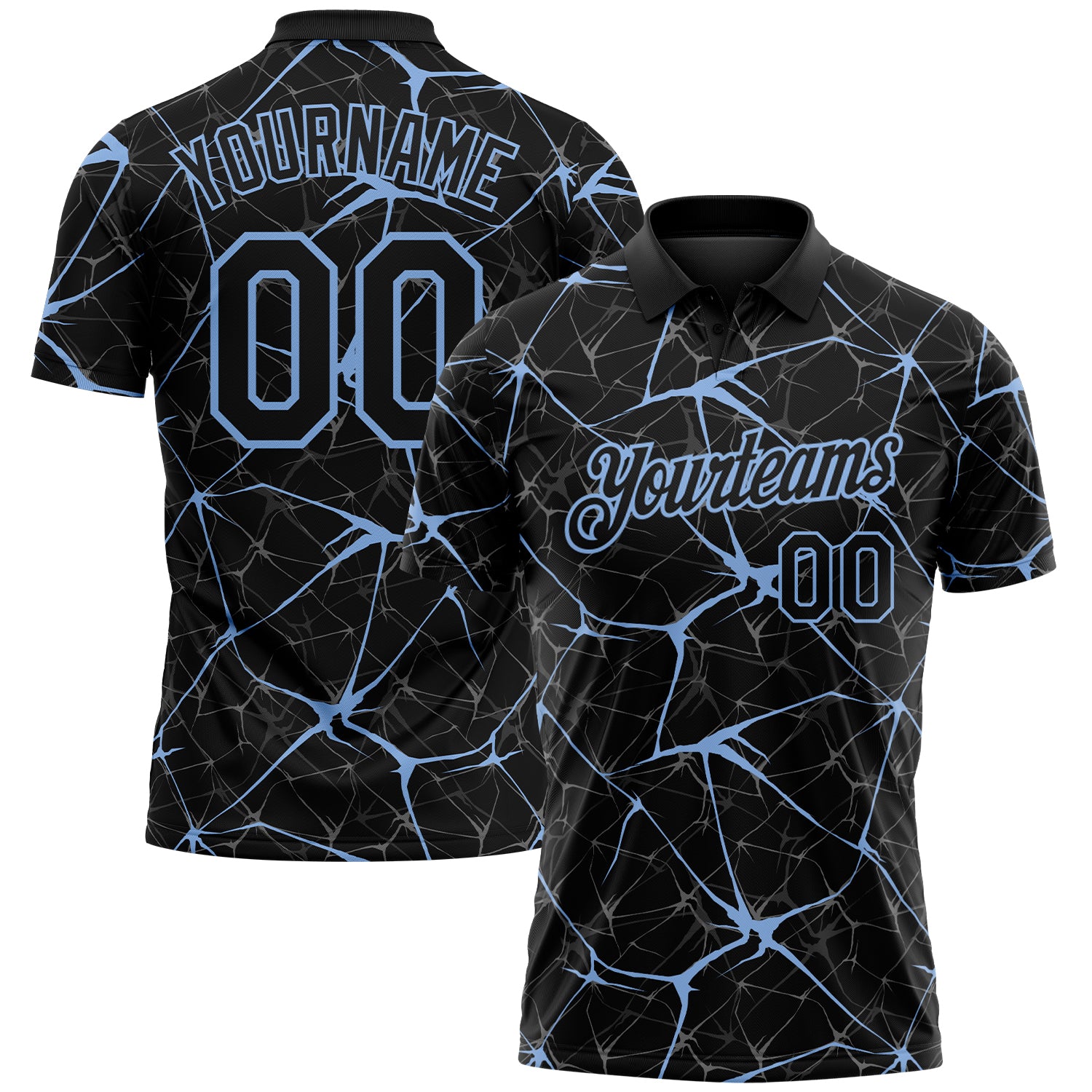 Custom Black-Light Blue 3D Pattern Abstract Network Crackle Performance Polo Shirt