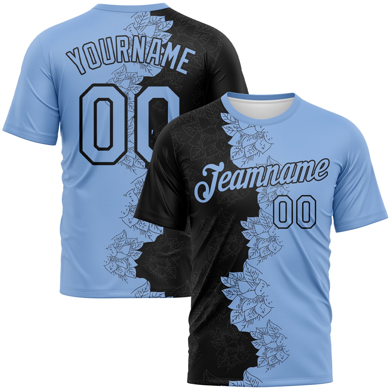Custom Black-Light Blue 3D Pattern Flower Sketch Split Fashion Performance T-Shirt
