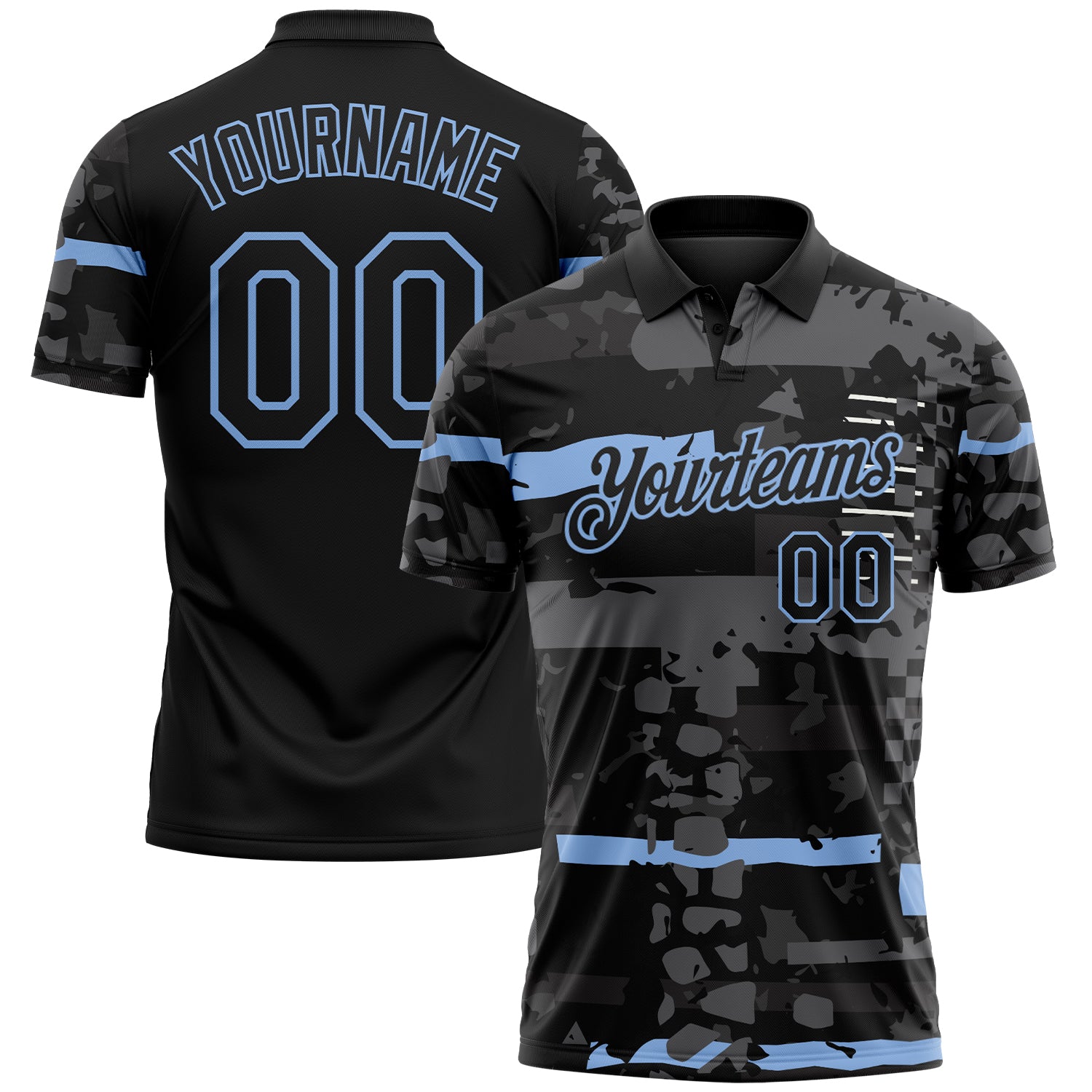 Custom Black-Light Blue Abstract Geometric Grunge Fragment Performance Polo Shirt