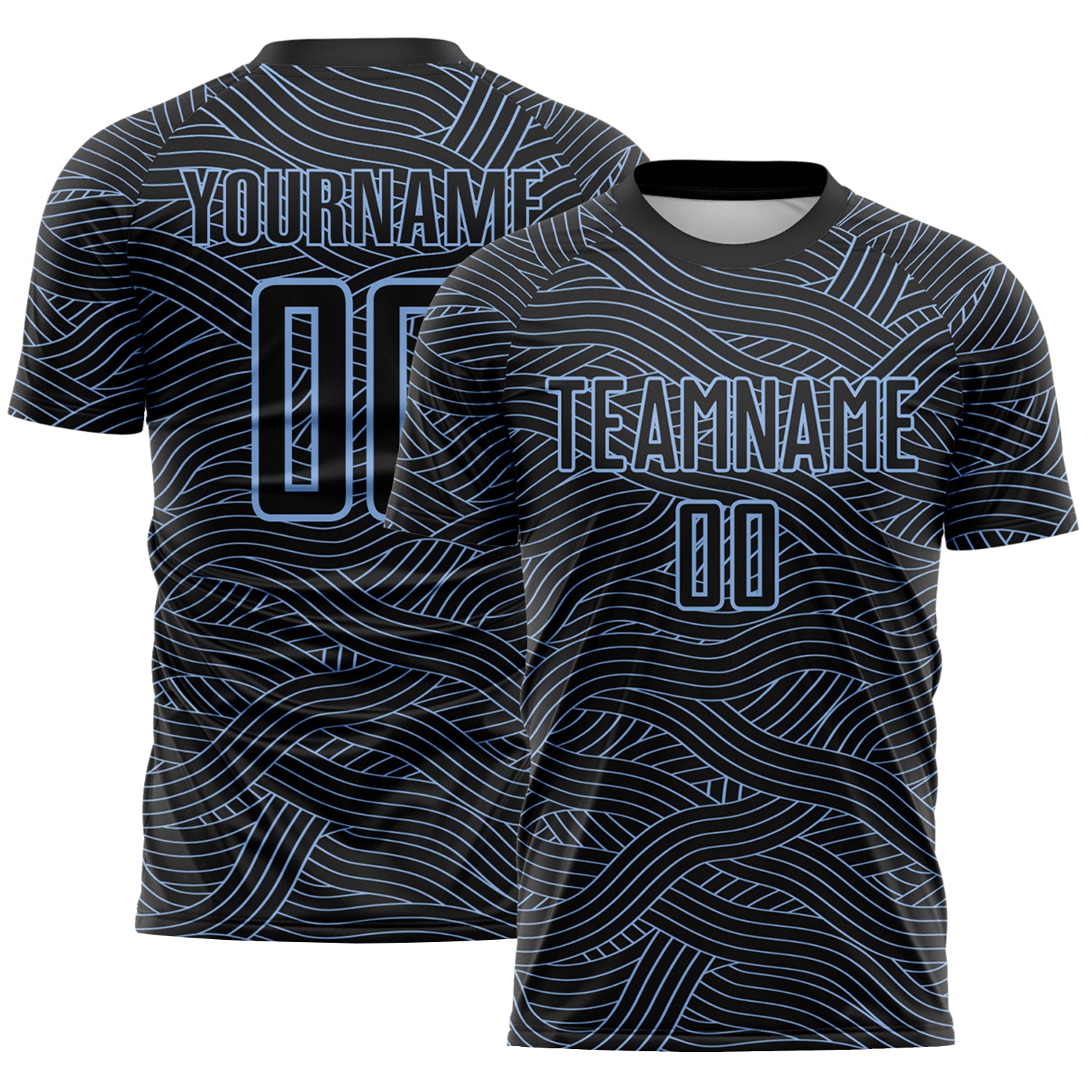Custom Black-Light Blue Abstract Wave Lines Interlocking Sublimation Soccer Uniform Jersey