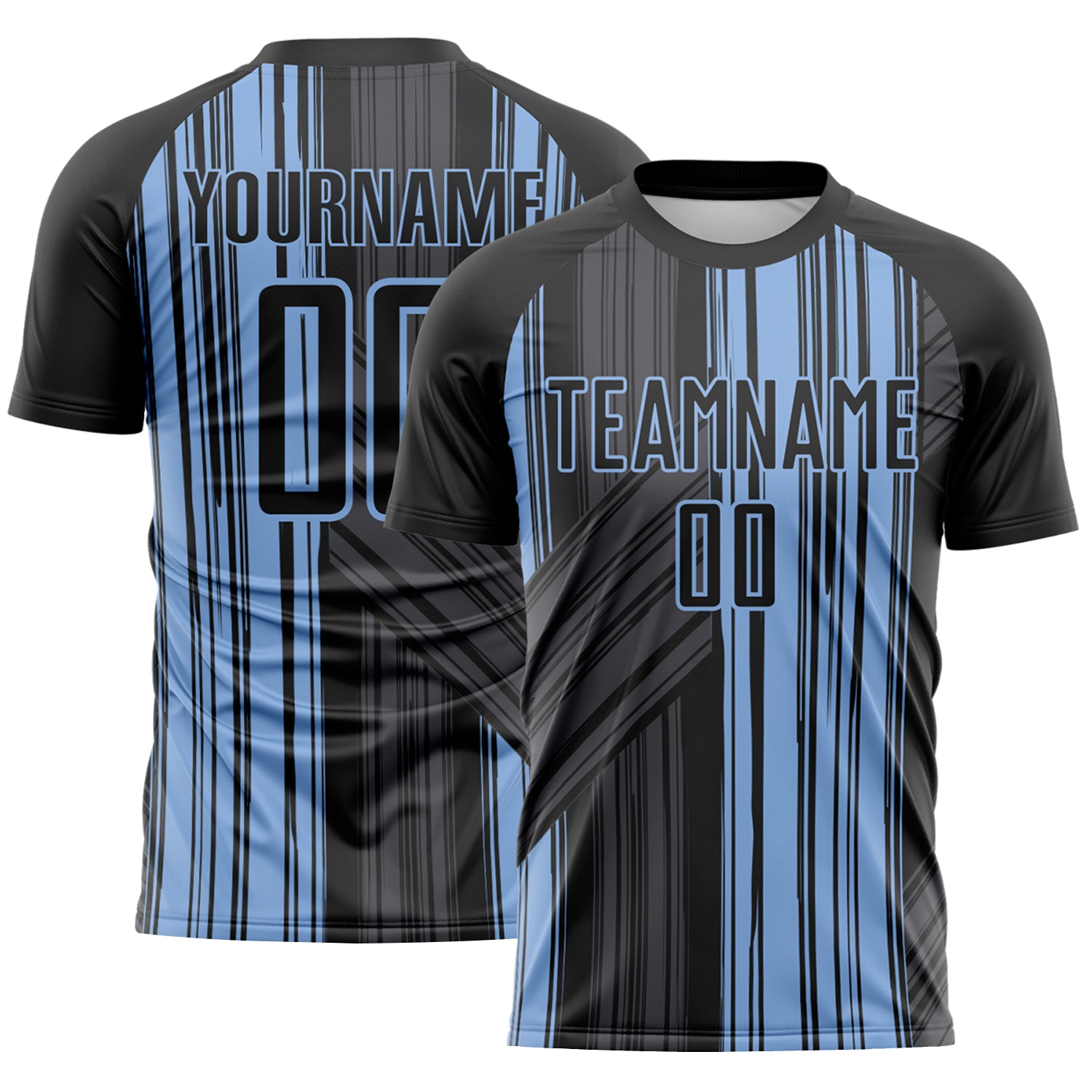 Custom Black-Light Blue Brush Stroke Fluid Stripes Sublimation Soccer Uniform Jersey